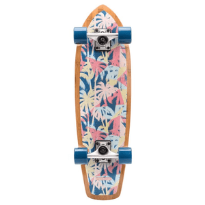 Colorful bamboo and maple cruiser skateboard with tropical palm design, perfect for outdoor adventures and travel.