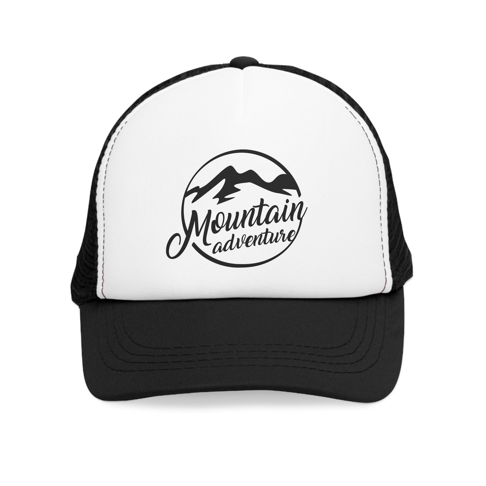 Mesh cap with black and white design featuring 'Mountain Adventure' logo, ideal for outdoor camping adventures.