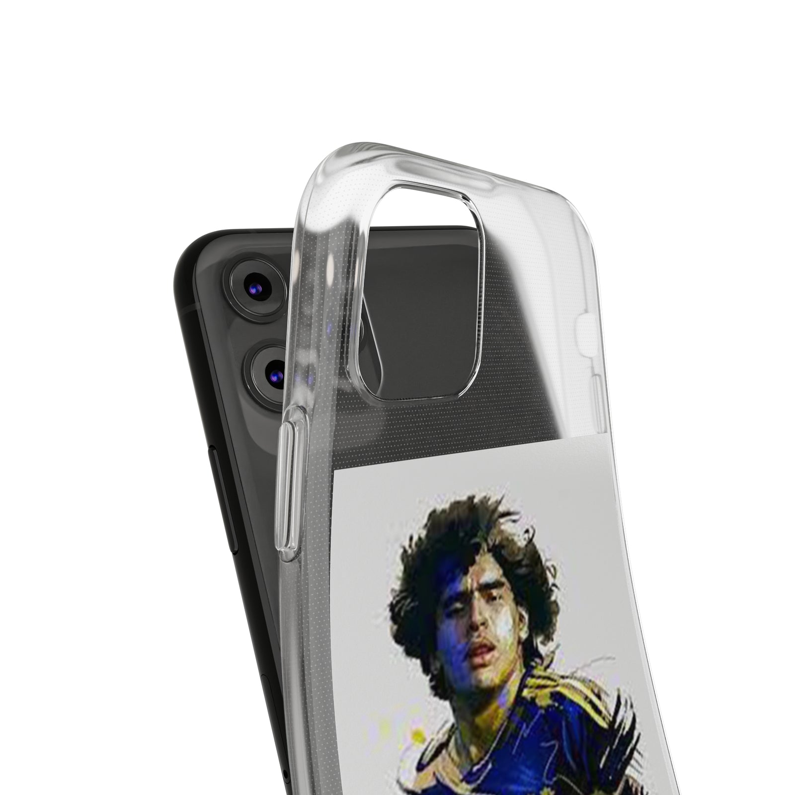 Clear TPU phone case featuring a portrait of a famous soccer player, ideal for outdoor adventures.