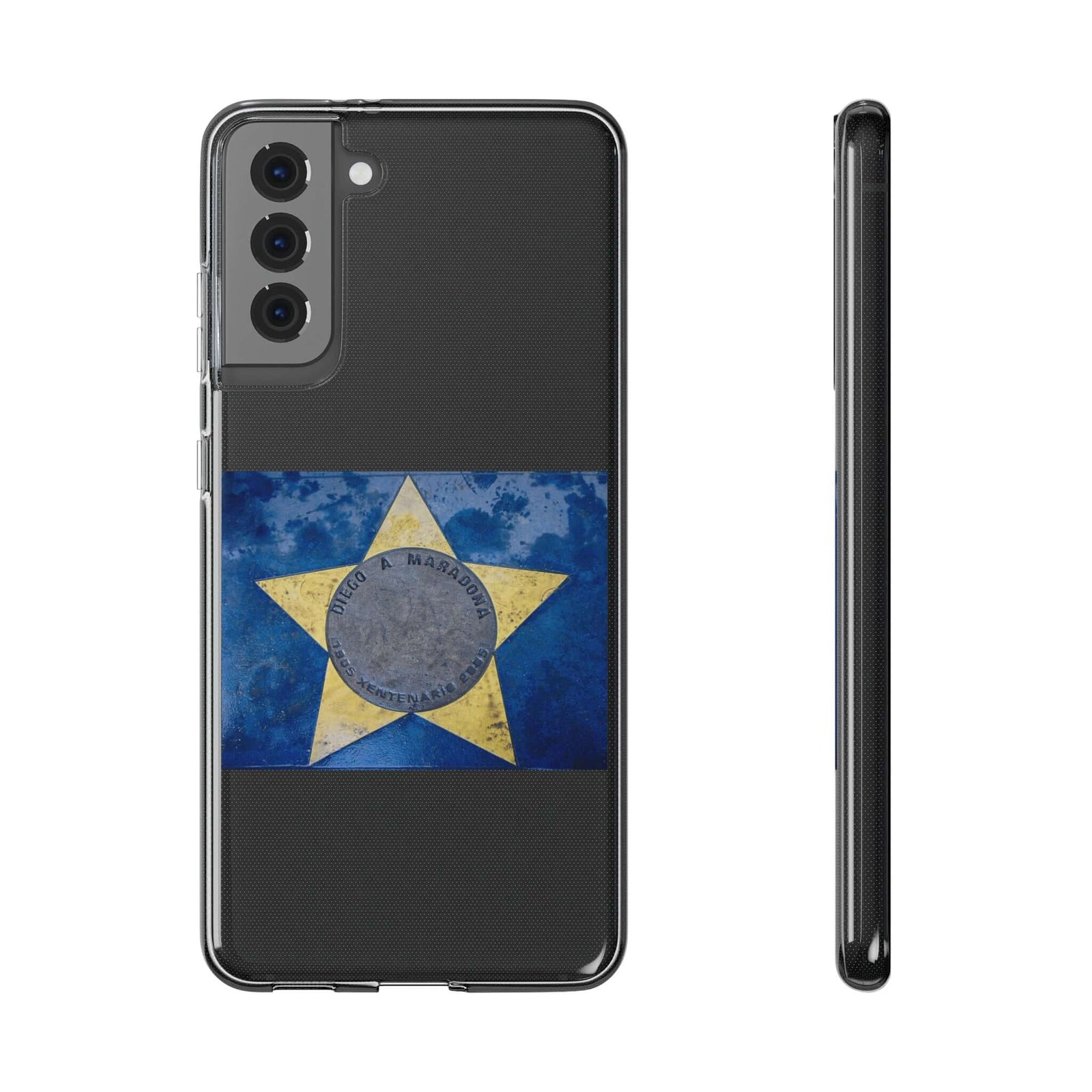 Phone case featuring the iconic Diego Maradona design, showcasing a blue star on a black TPU background, ideal for outdoor adventures.