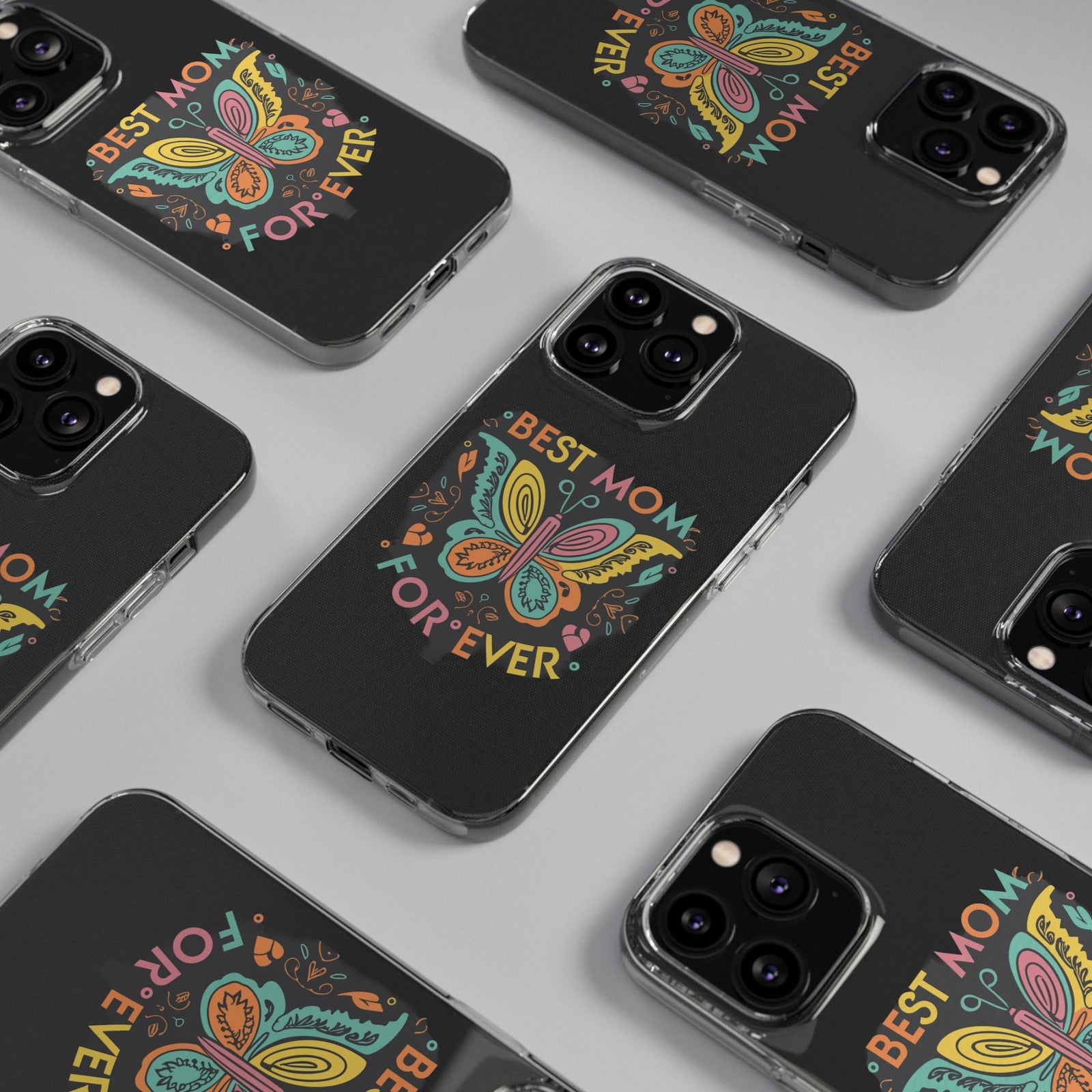 Colorful 'Best Mom Forever' phone cases in black TPU, ideal for outdoor adventures and camping, from revlando.com.