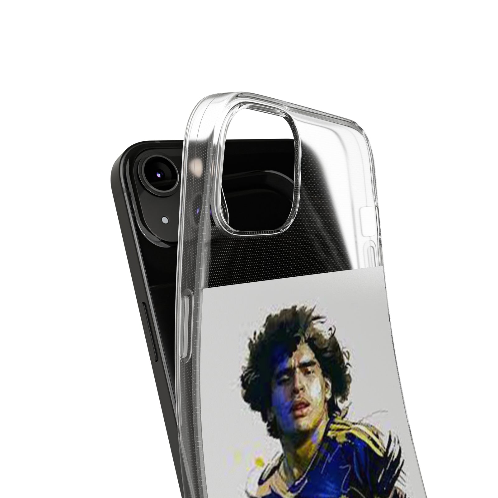 Transparent TPU phone case featuring Maradona's artwork, ideal for outdoor adventures and camping, available at revlando.com.