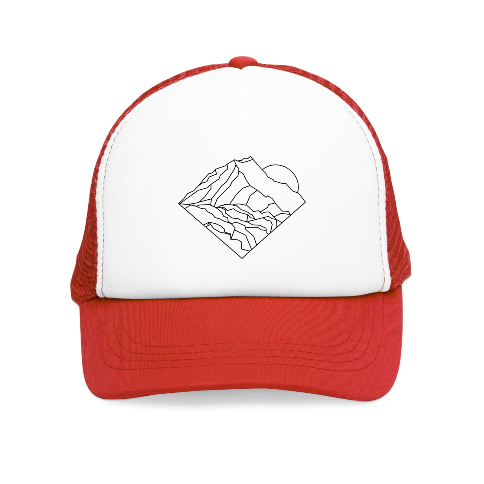 Red mesh cap with mountain graphic, perfect for outdoor adventures and camping, available at revlando.com.