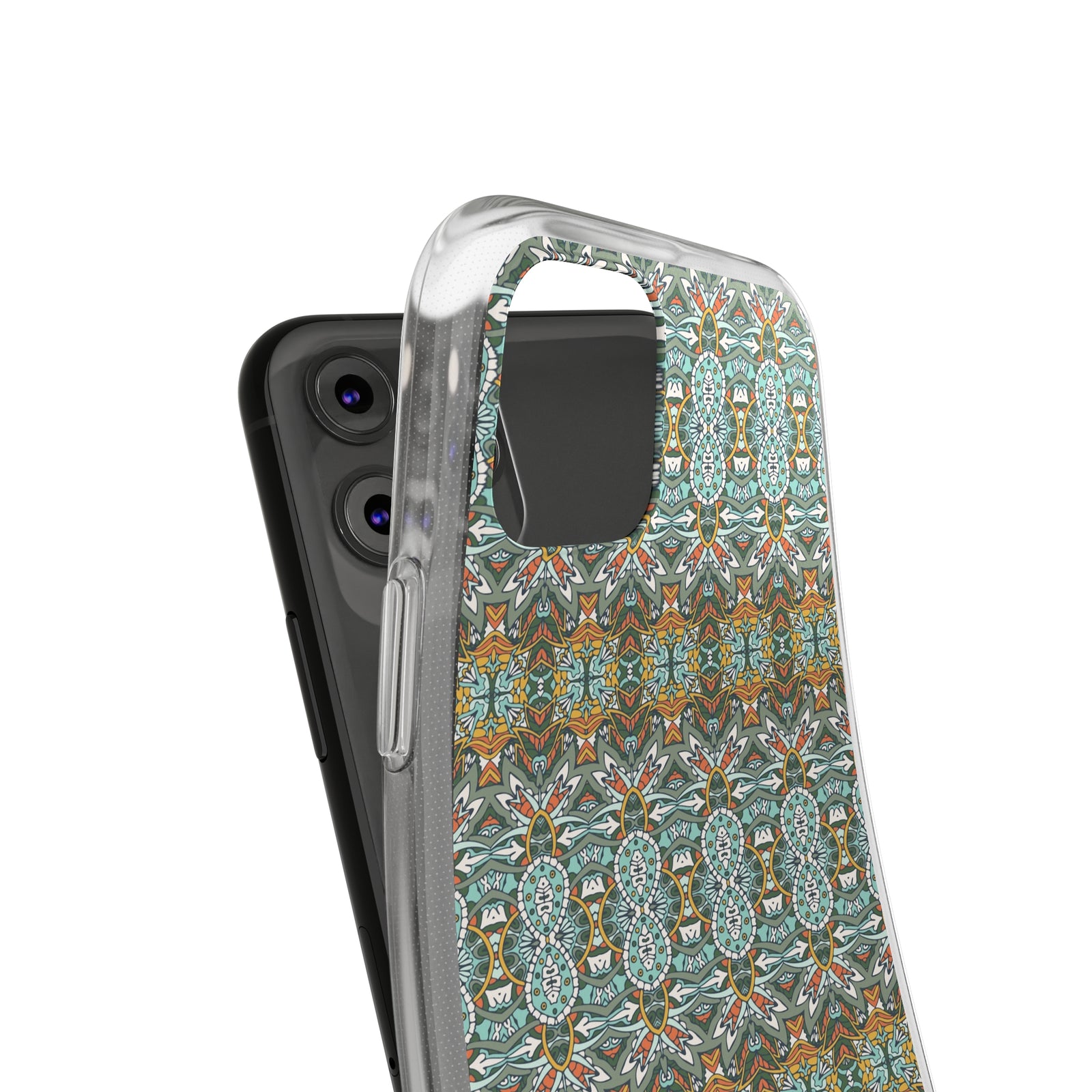 Clear TPU phone case with mandala design, perfect for outdoor adventures and camping - revlando.com
