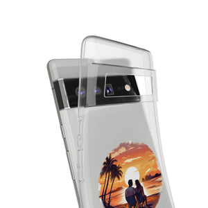 Clear TPU phone case featuring a sunset and couple design, perfect for outdoor adventure and camping. Available at revlando.com.