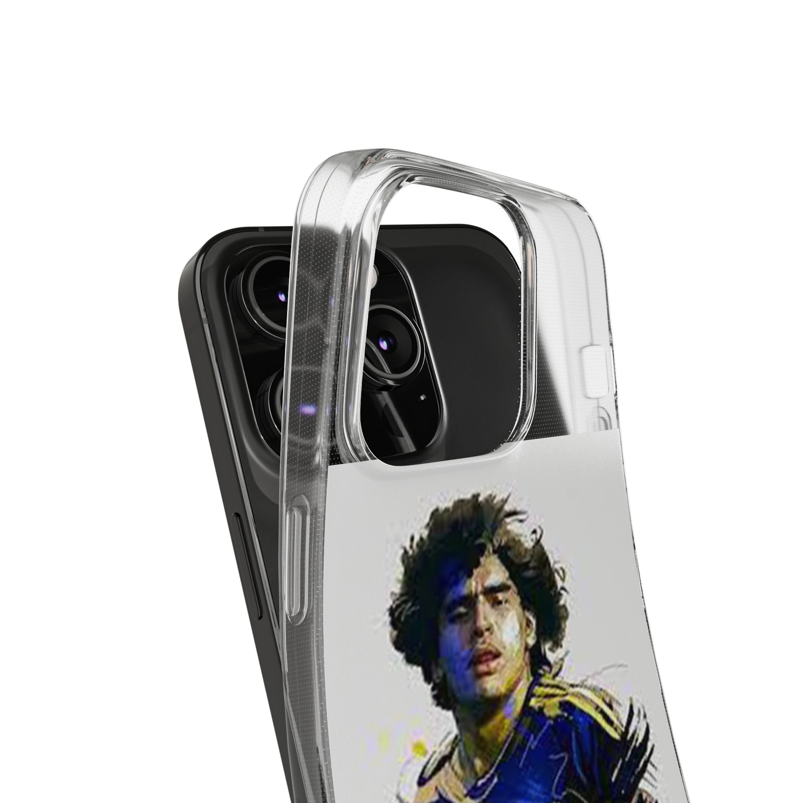 Clear TPU phone case featuring Maradona's artwork, ideal for outdoor adventures and camping. Available at revlando.com