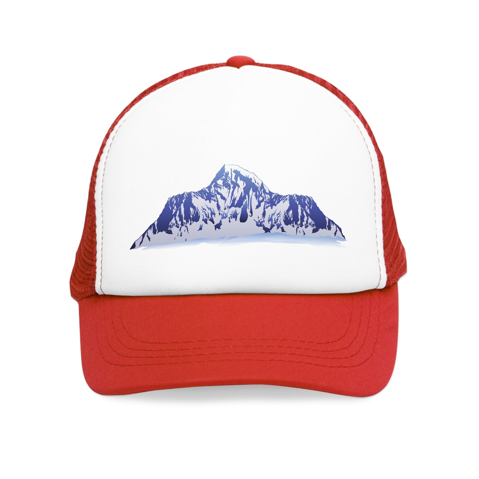 Red mesh cap with a mountain graphic, perfect for outdoor adventures and camping, available at revlando.com.