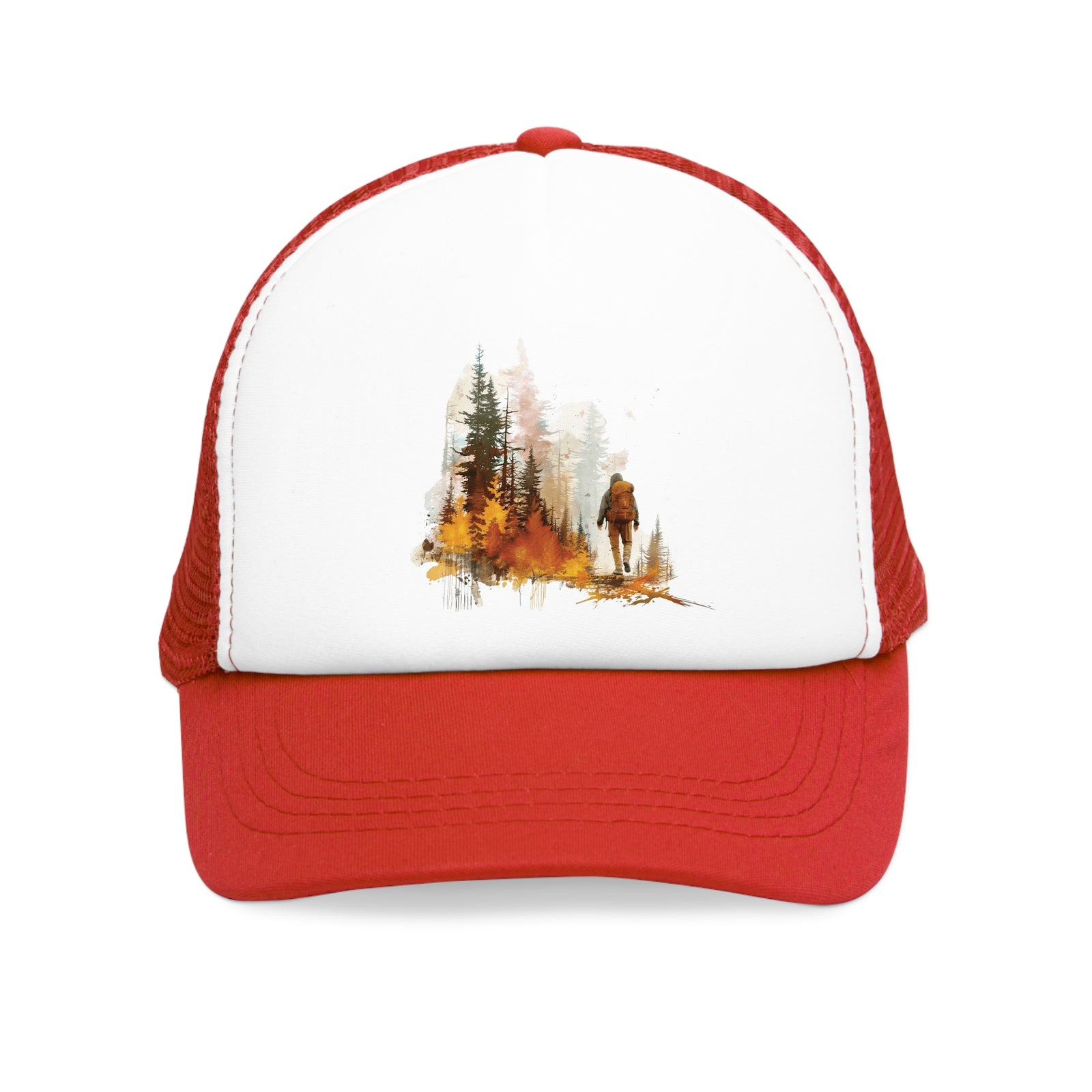 Mesh cap with wilderness illustration, perfect for outdoor adventures and camping. Available in red and white.