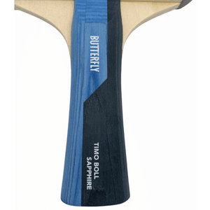 Close-up of the Butterfly Timo Boll Sapphire table tennis bat handle showcasing high-quality wood and design for precision control.