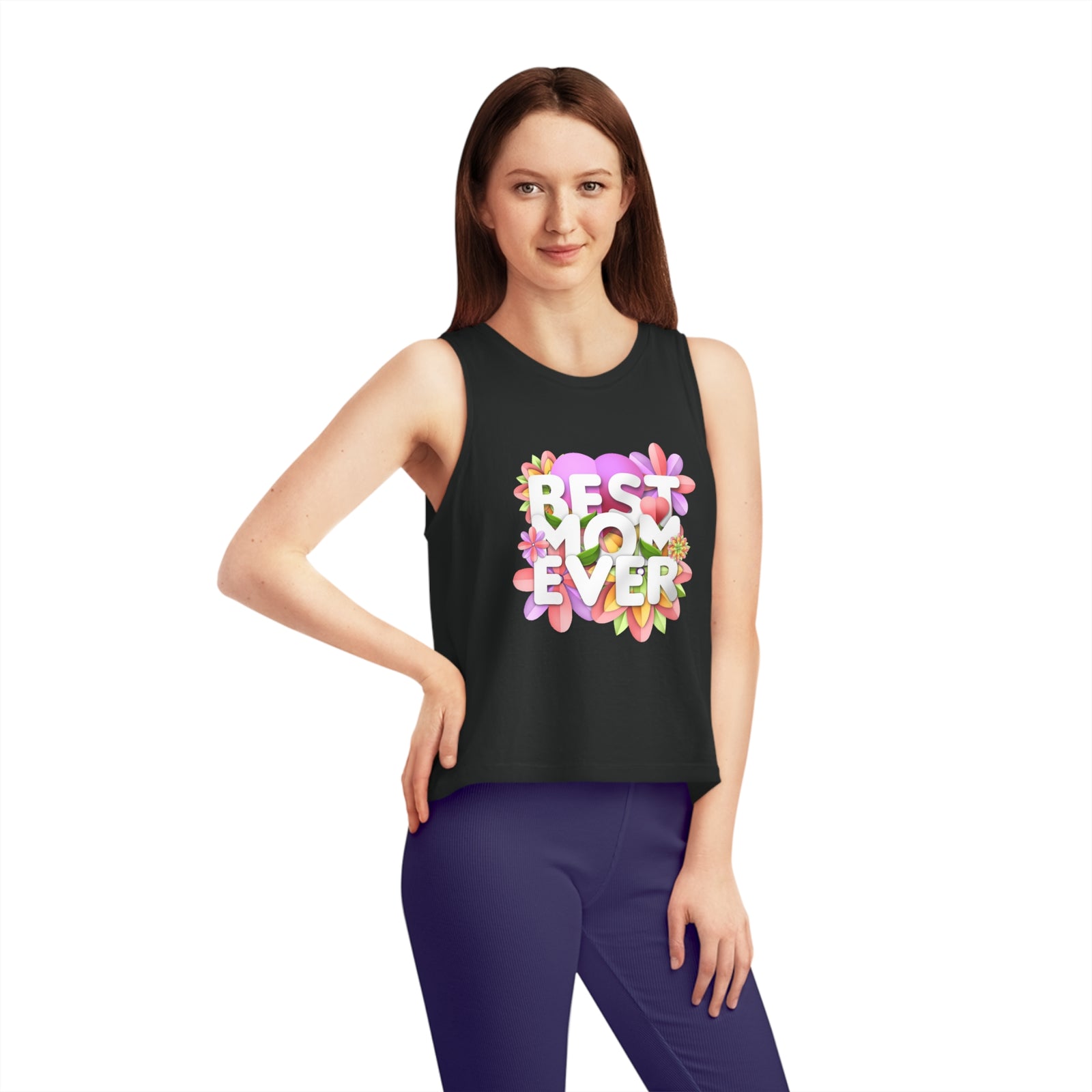 Woman wearing a cropped tank top with 'Best Ever' floral design, perfect for outdoor adventures.