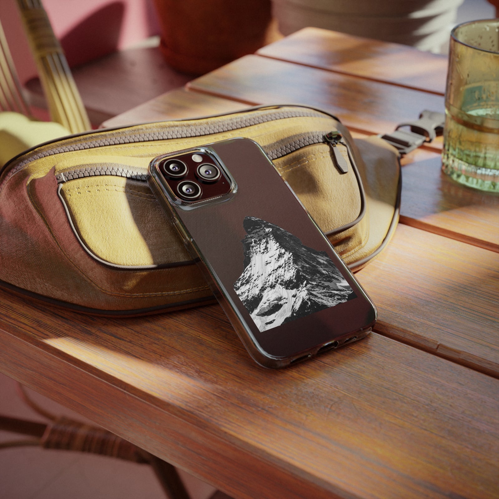 Phone Case Summit showcasing a mountain design on a TPU phone case, perfect for outdoor adventures and camping.