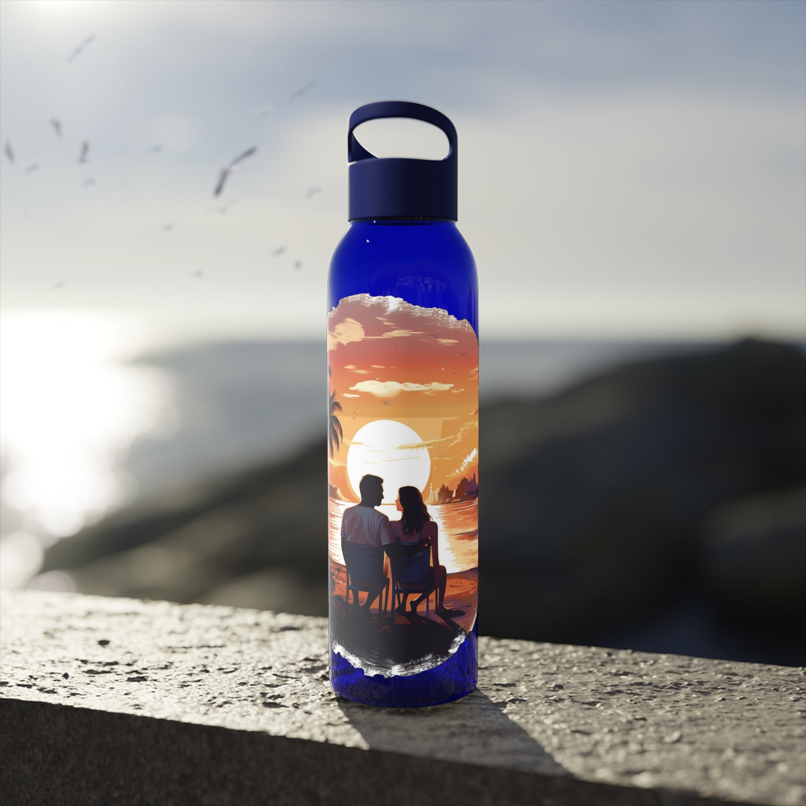 Sky Water Bottle with sunset design, perfect for outdoor adventures and camping at revlando.com.