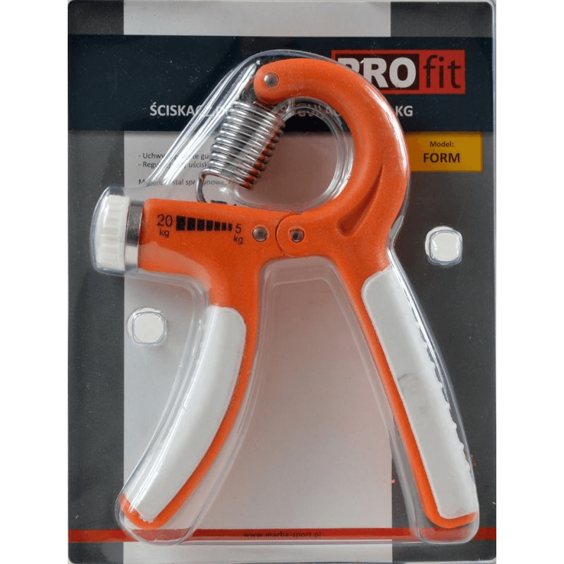 Profit Form Adjustable Hand Clamp in orange, featuring adjustable resistance from 5 to 20 kg for enhanced grip strength.