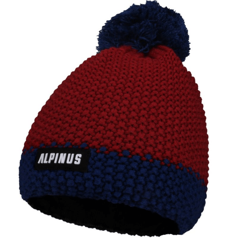 Alpinus Mutenia Thinsulate hat in red and blue with pompom, perfect for outdoor winter adventures and stylish protection.