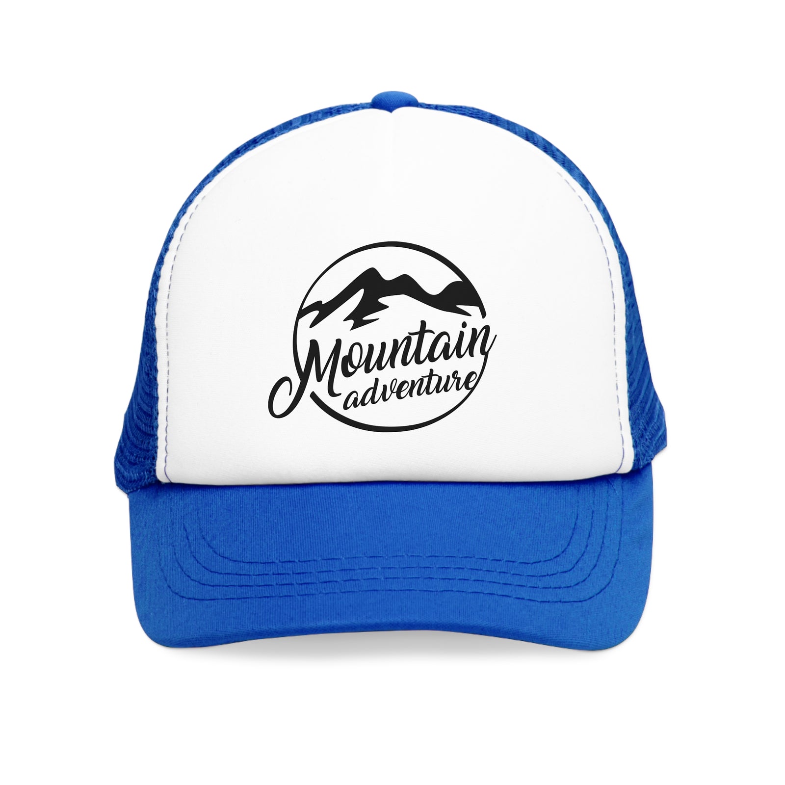 Mesh cap with black and white design featuring 'Mountain Adventure' logo, ideal for outdoor camping adventures.