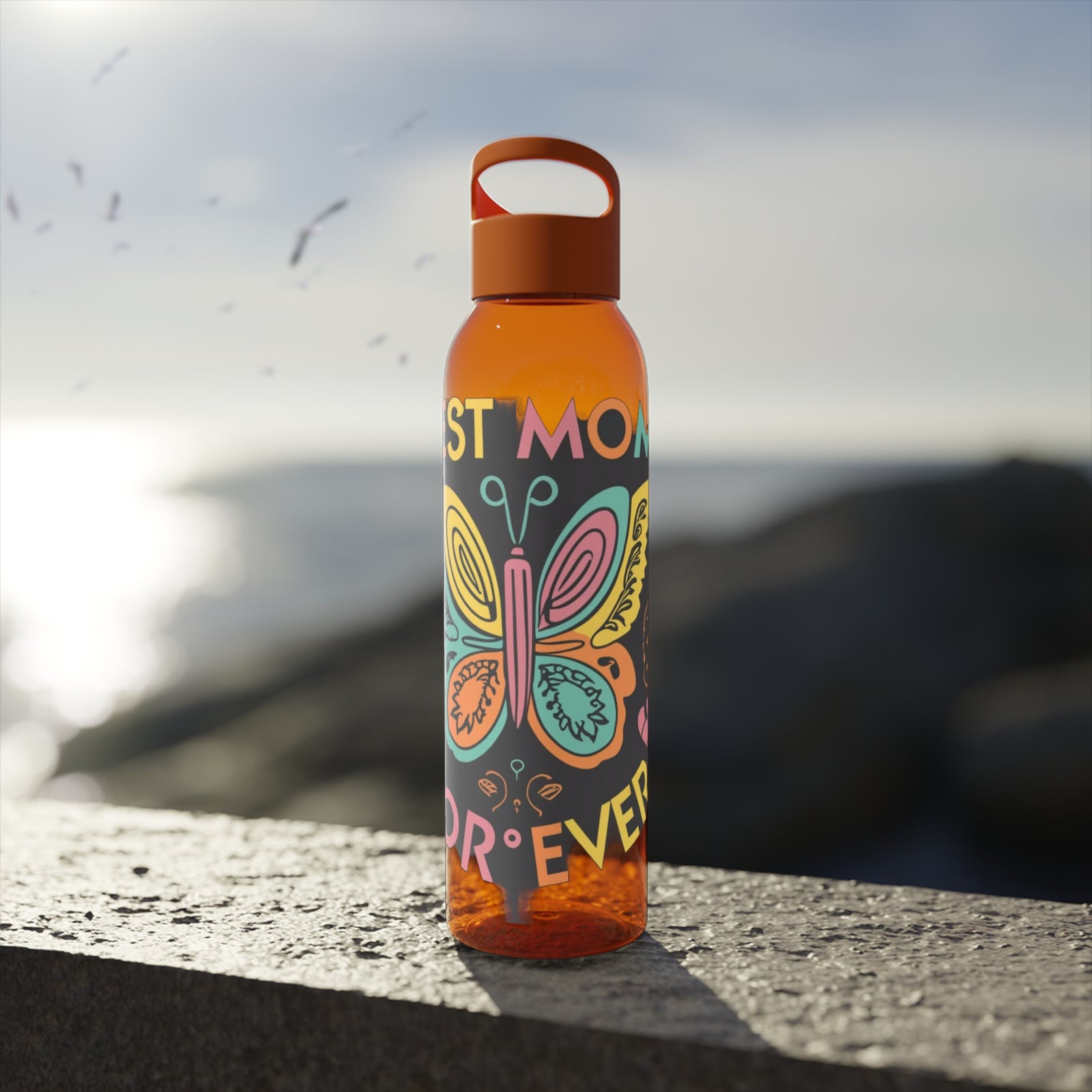 Colorful reusable water bottle with butterfly design, perfect for outdoor adventures and camping.