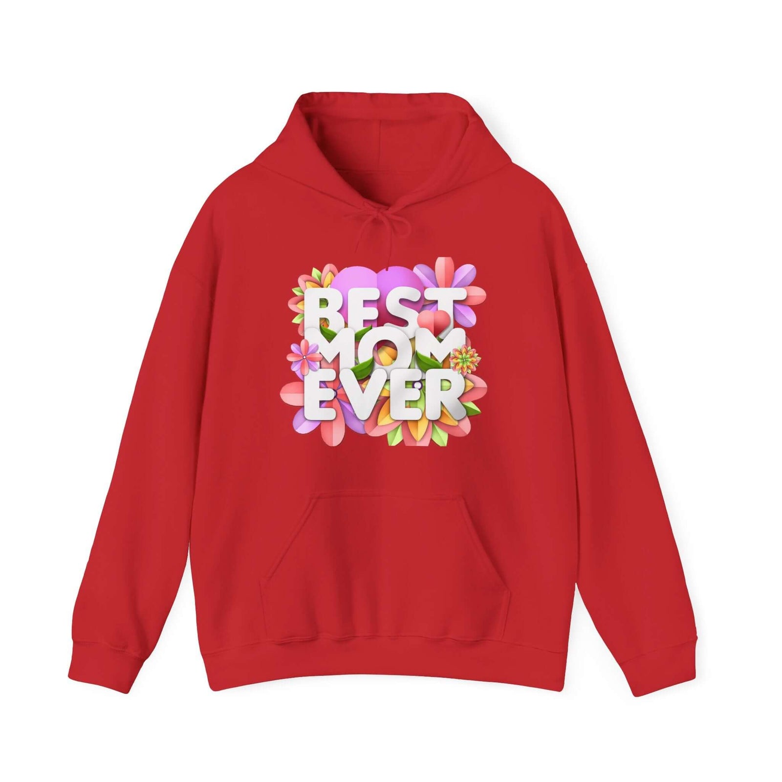 Best Mom Ever floral hoodie in red, perfect for outdoor adventures or cozy lounging at home. Available at revlando.com.