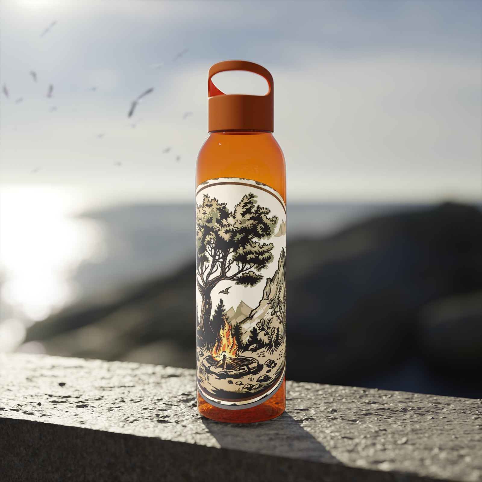 Stylish orange Sky Water Bottle against a scenic outdoor background, ideal for camping and adventures. Customizable design.