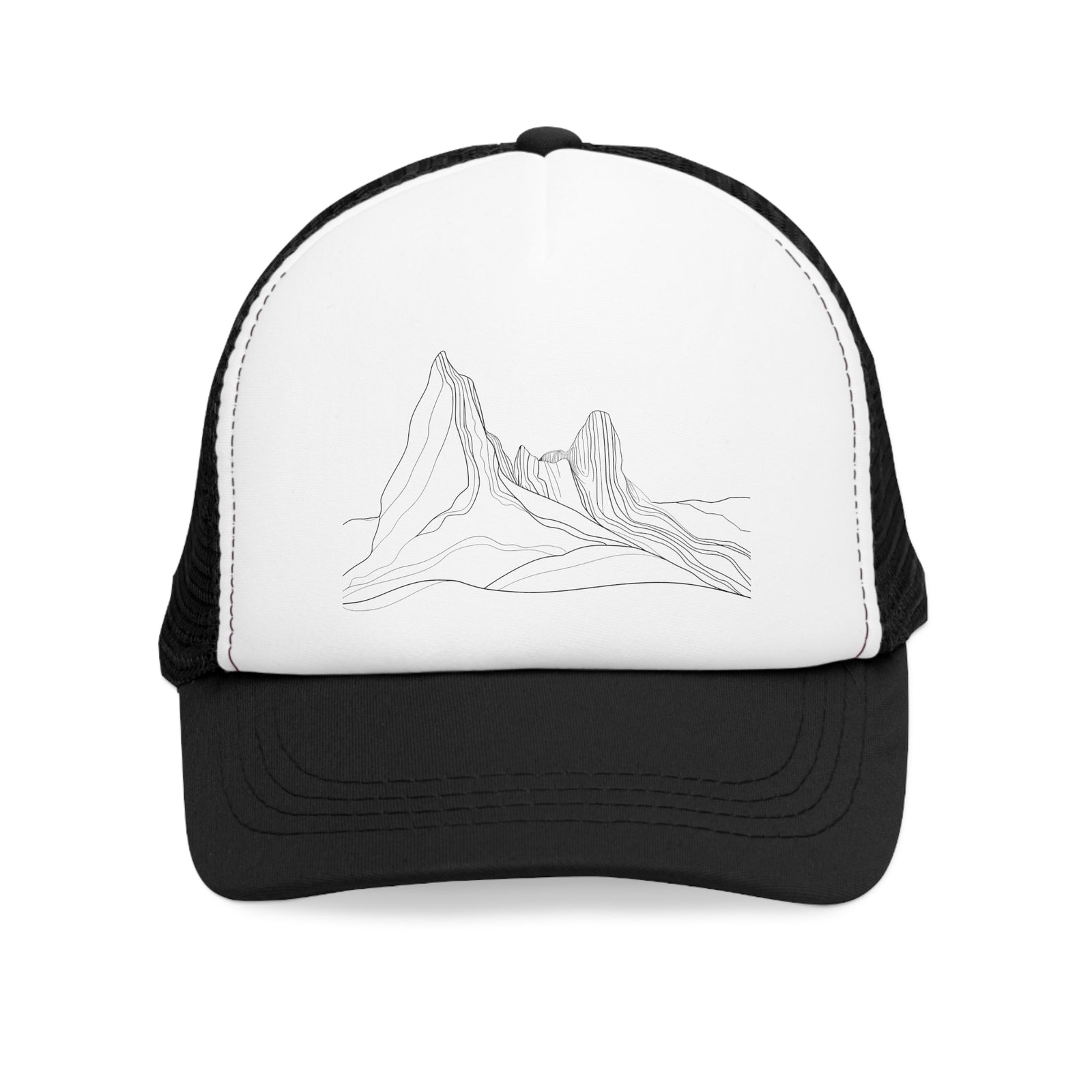 Mesh cap featuring mountain line art design, perfect for outdoor adventures and camping. Soft and durable polyester.
