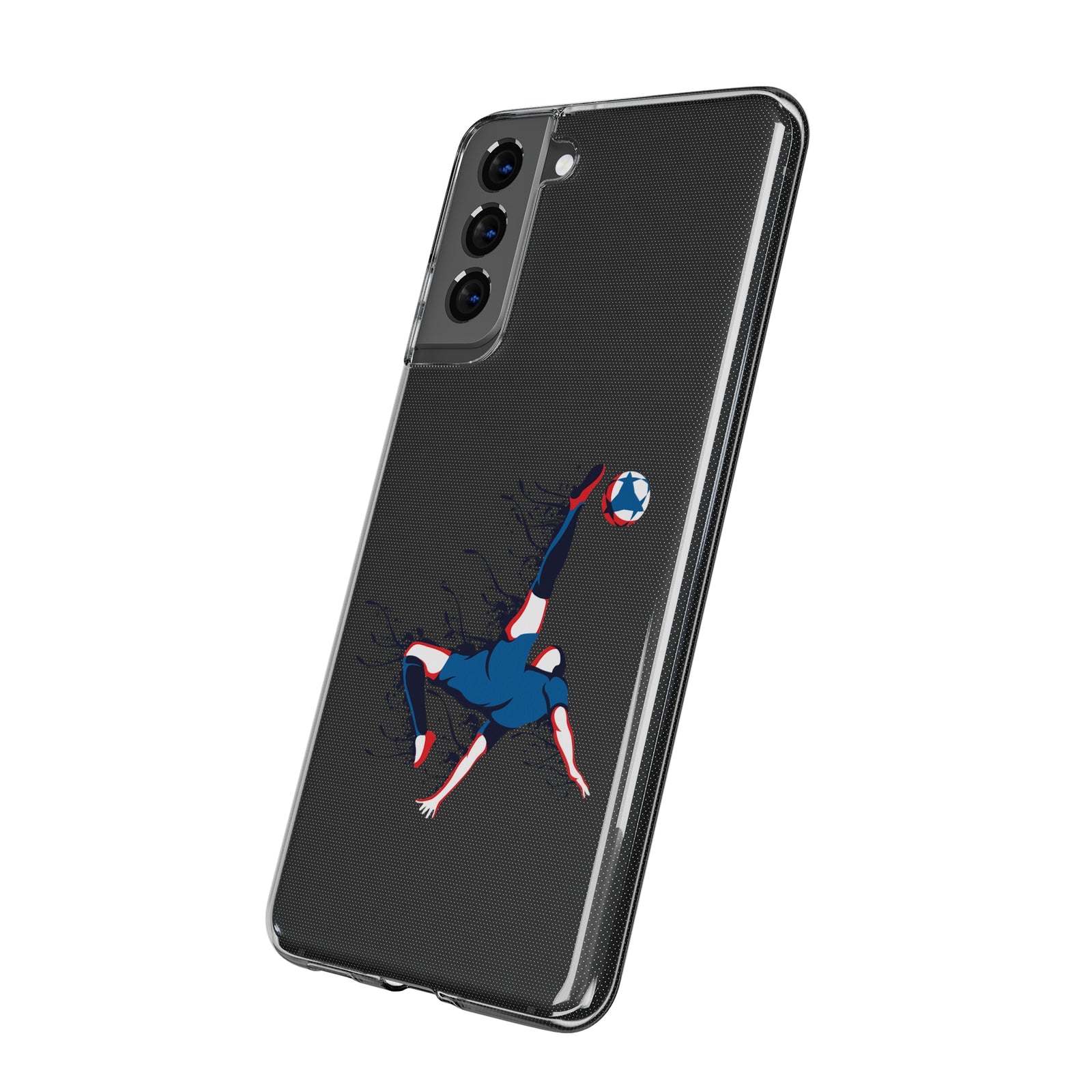 Clear TPU phone case featuring a football bicycle kick design, perfect for outdoor adventures and camping.