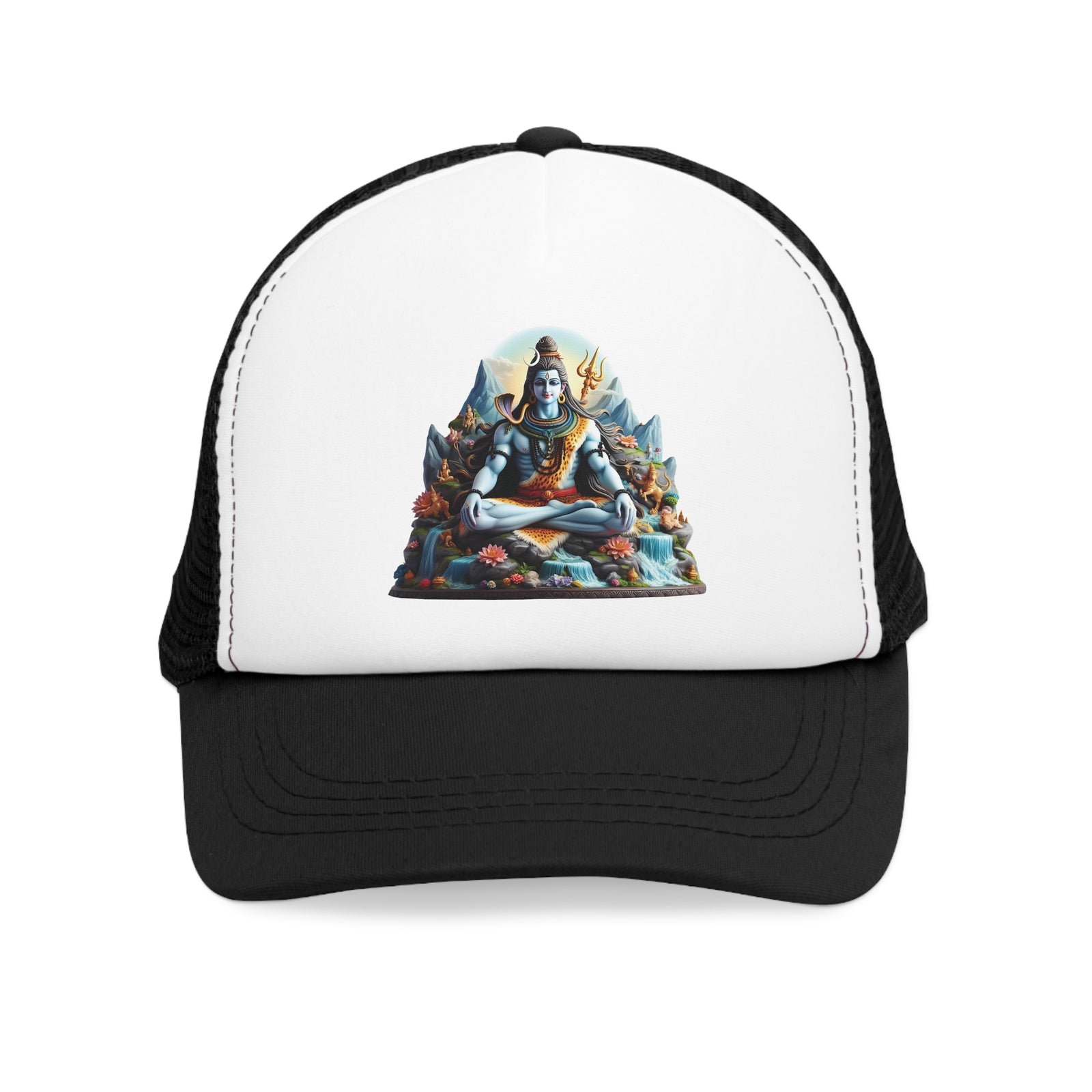 Mesh cap featuring Indian God design, perfect for outdoor adventures and camping. Durable polyester, one size fits most.