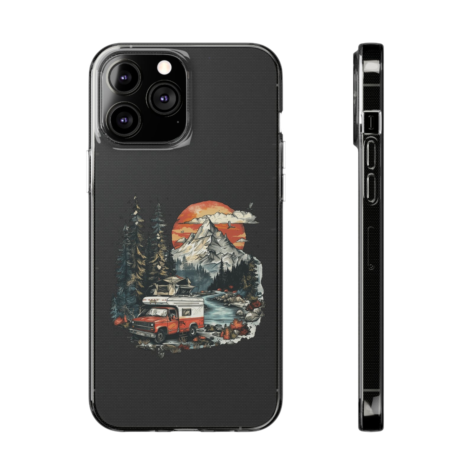 Phone case featuring a camping van and nature scene, perfect for outdoor adventures. Available at revlando.com.