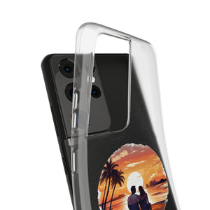 Clear TPU phone case with sunset and palm design, perfect for outdoor adventures, available on revlando.com.