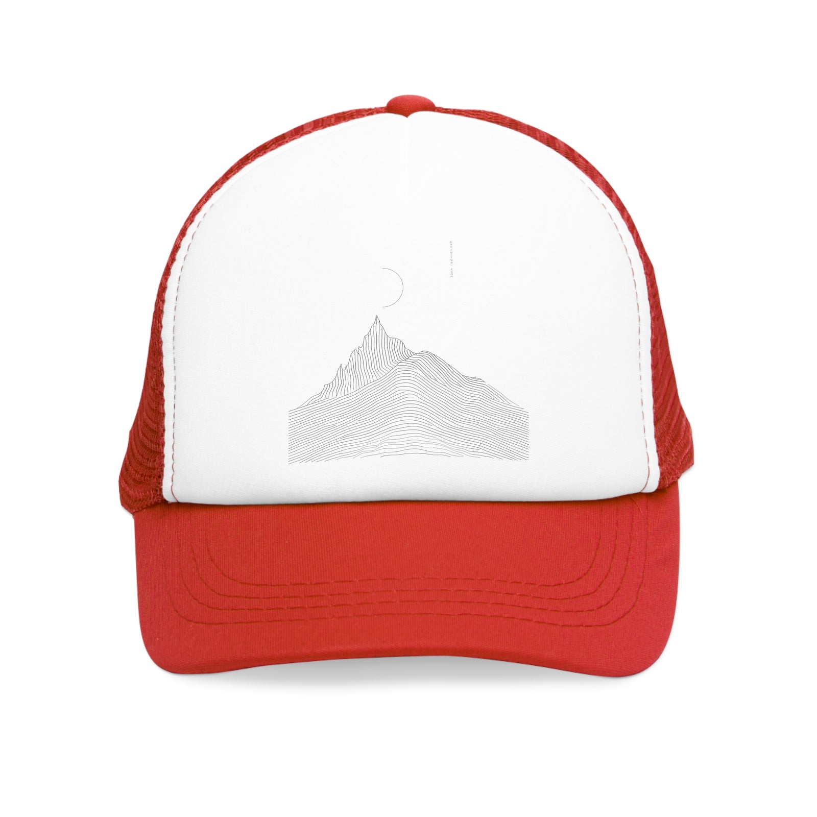 Red mesh cap featuring mountain graphic, ideal for outdoor adventures and camping at revlando.com.