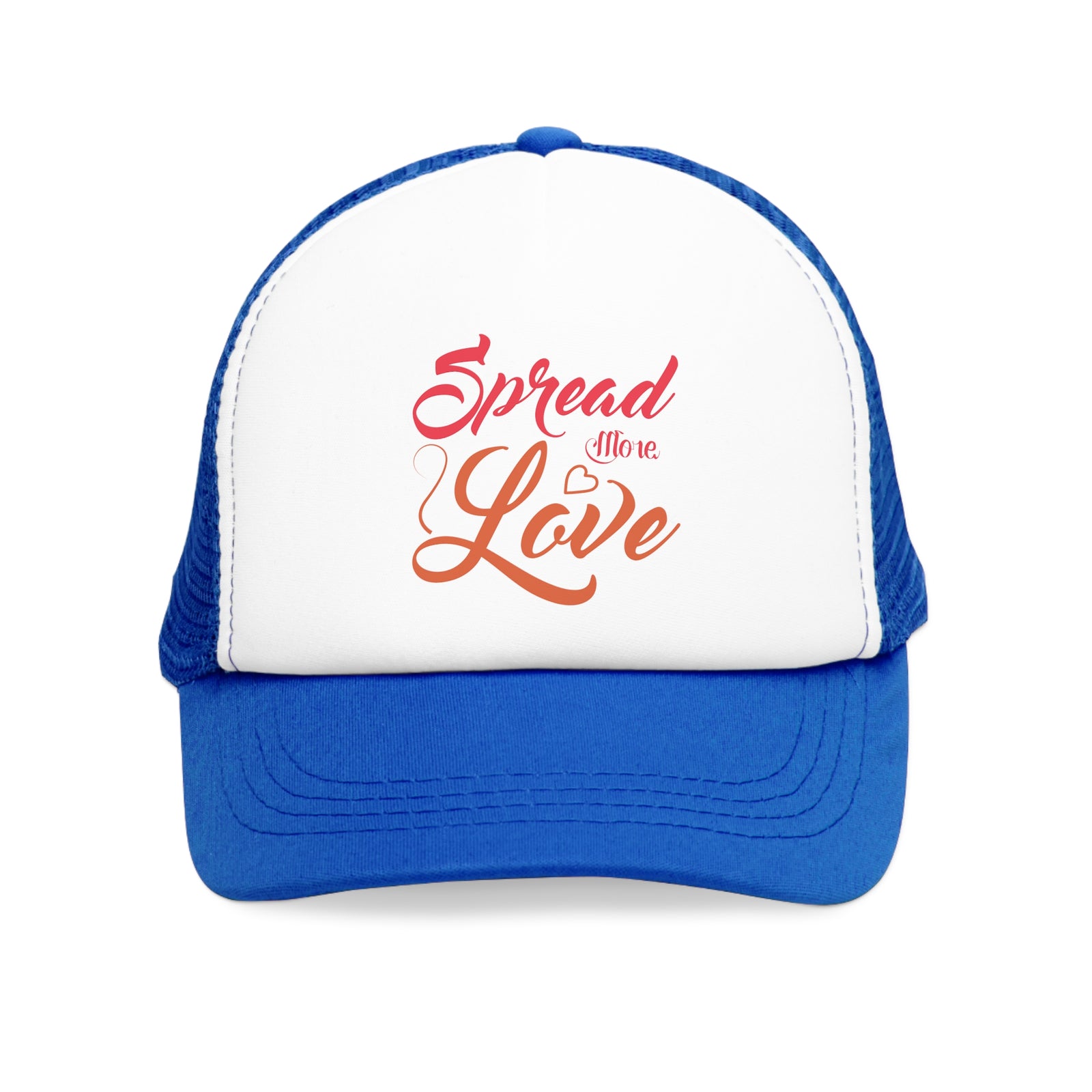 Blue mesh cap with "Spread More Love" text, perfect for outdoor adventures and camping.