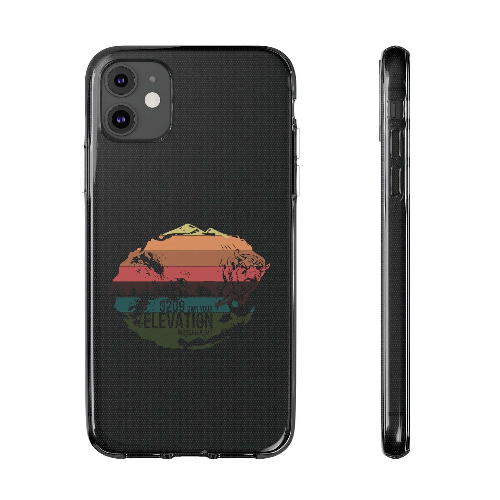 Clear TPU phone case featuring colorful mountain design, ideal for outdoor adventures and camping. Available at revlando.com.