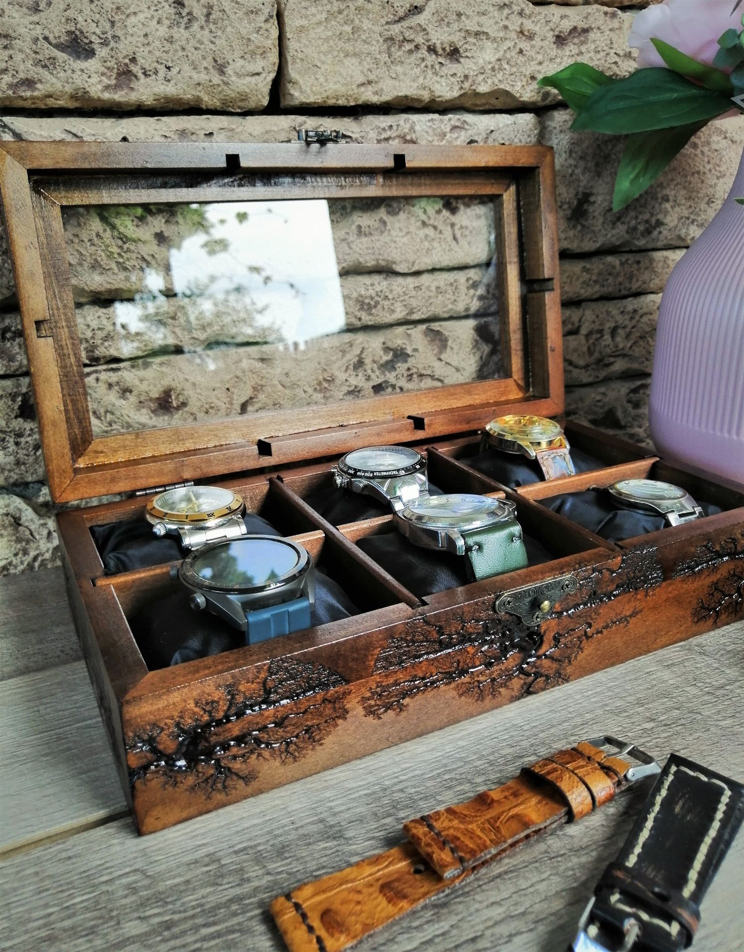 Wood Watch Box, Display Watch Case, Watch Organizer 6 Dividers - Luxury Gift for Men