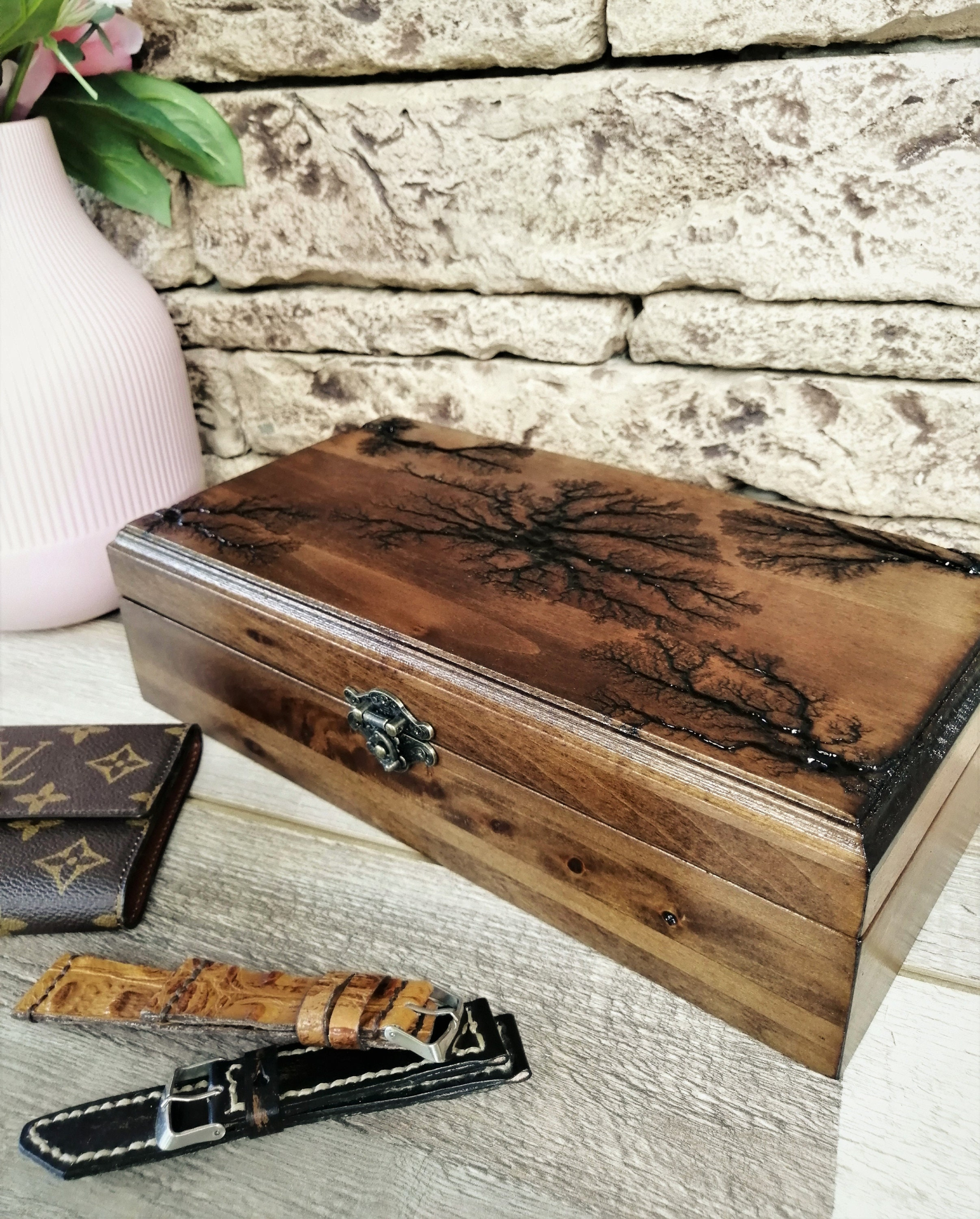 Handmade Wood Watch Box with Lichtenberg Figure - Premium Watch Organizer for Men - Unique Gift for Father's Day