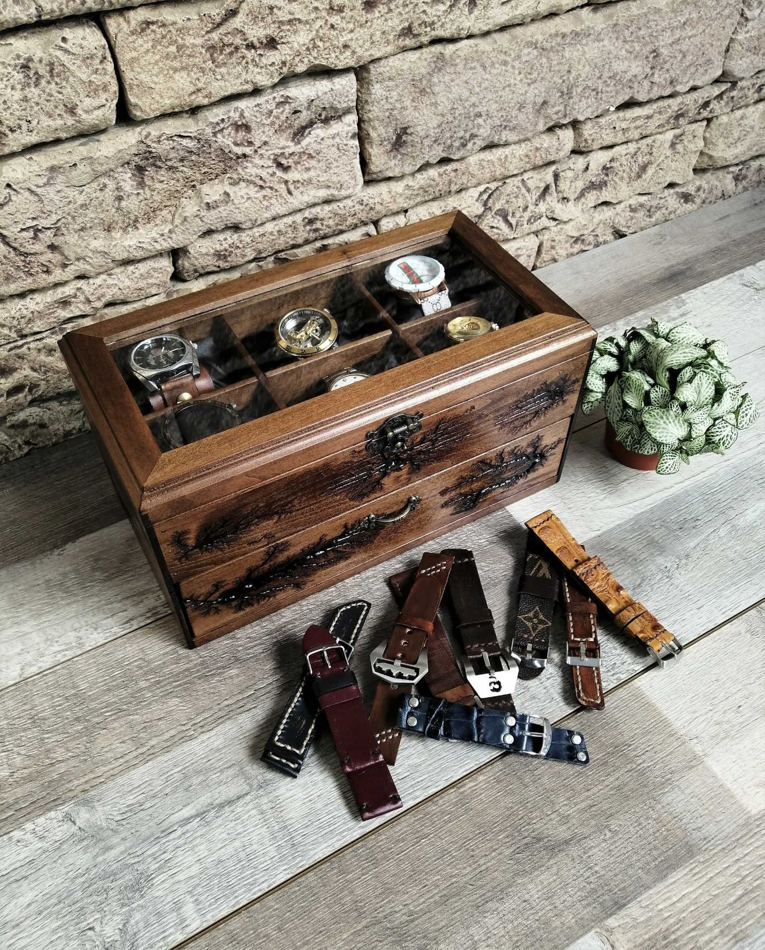 Wood Watch Box With Drawer - Luxury Watch Case With 12 Compartments and Elegant Lichtenberg Figure Design