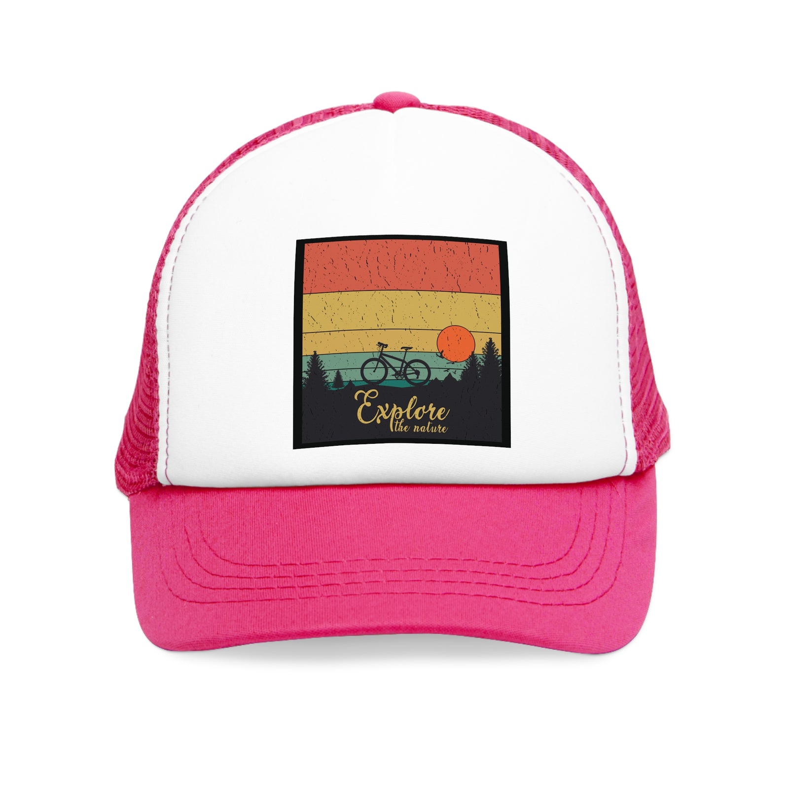Pink mesh cap with 'Explore the outdoors' design, featuring a bicycle and sunset, perfect for outdoor adventures.