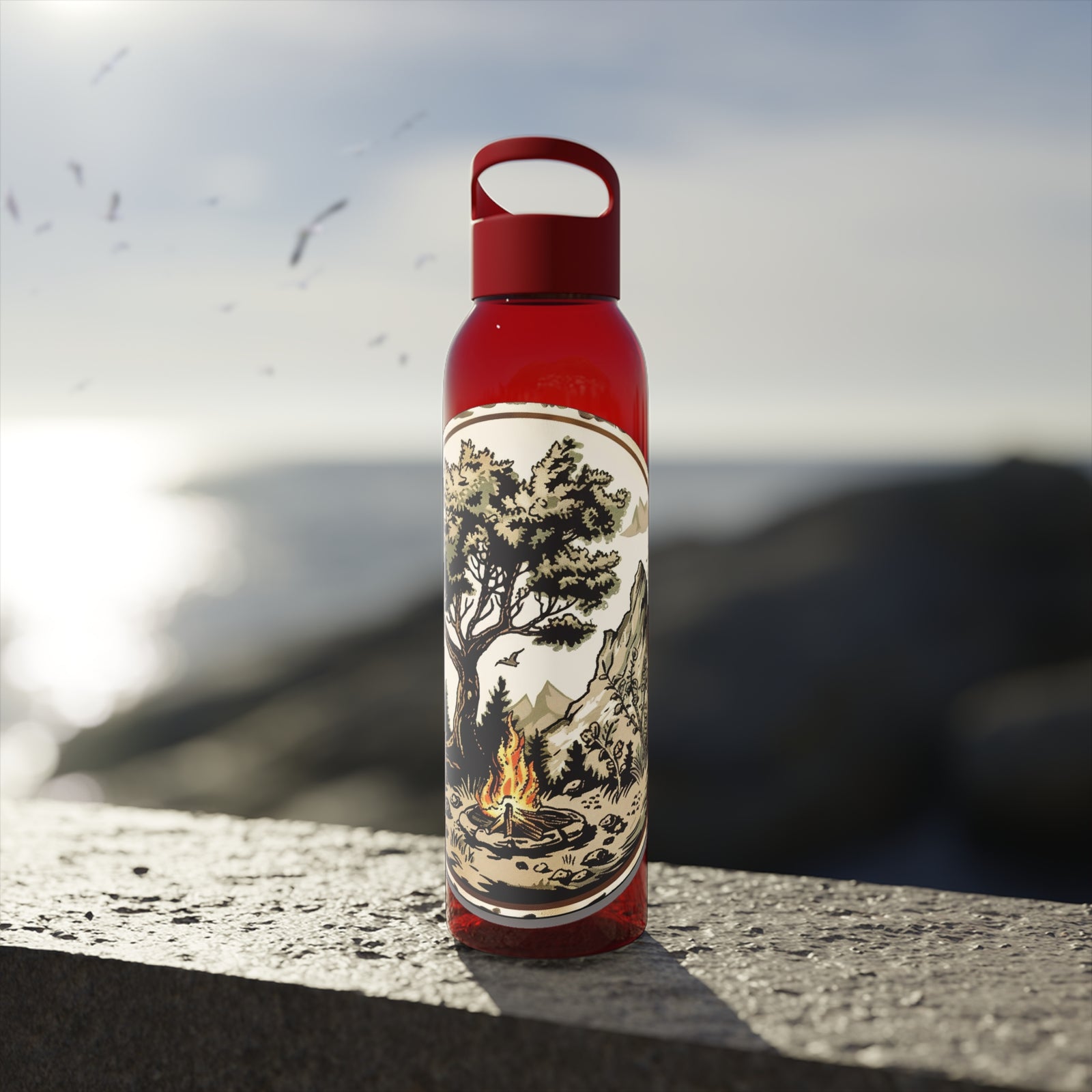 Sky Water Bottle in red with camping design, perfect for outdoor adventures and hydration on-the-go.