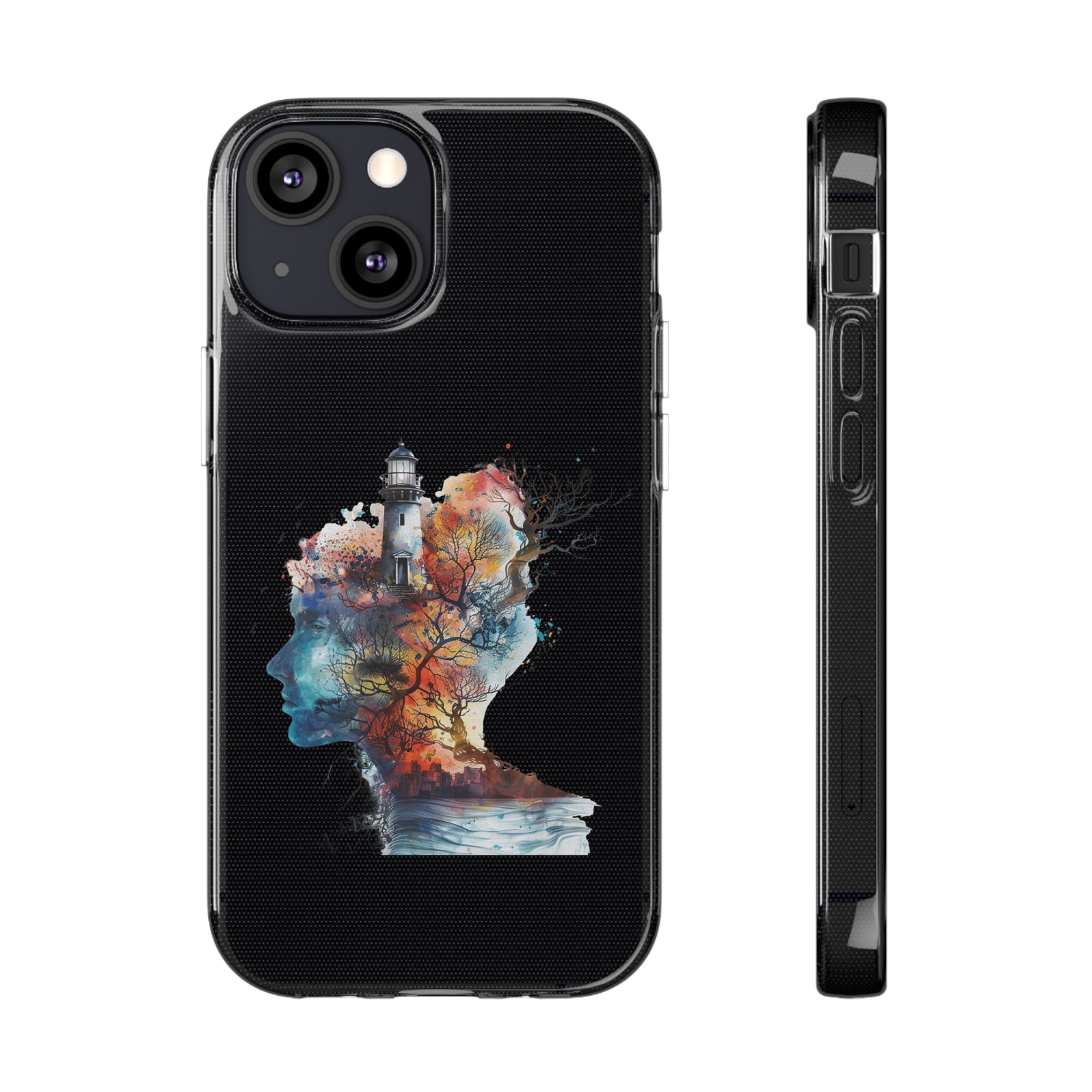 Eye-catching abstract phone case with colorful lighthouse and tree design, made from flexible TPU for outdoor adventure.