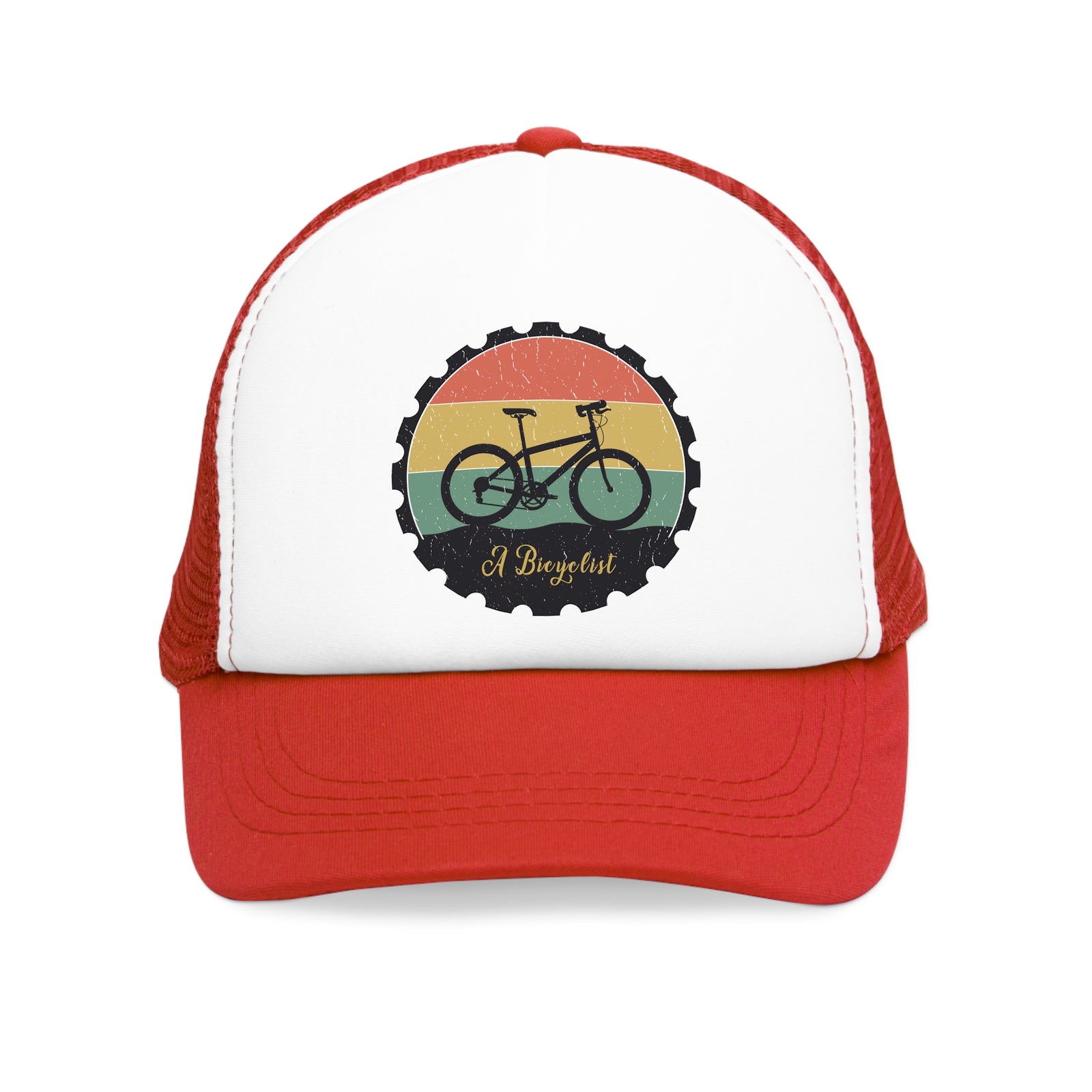 Red mesh cap with bicycle graphic, perfect for outdoor adventures and camping, available at revlando.com.