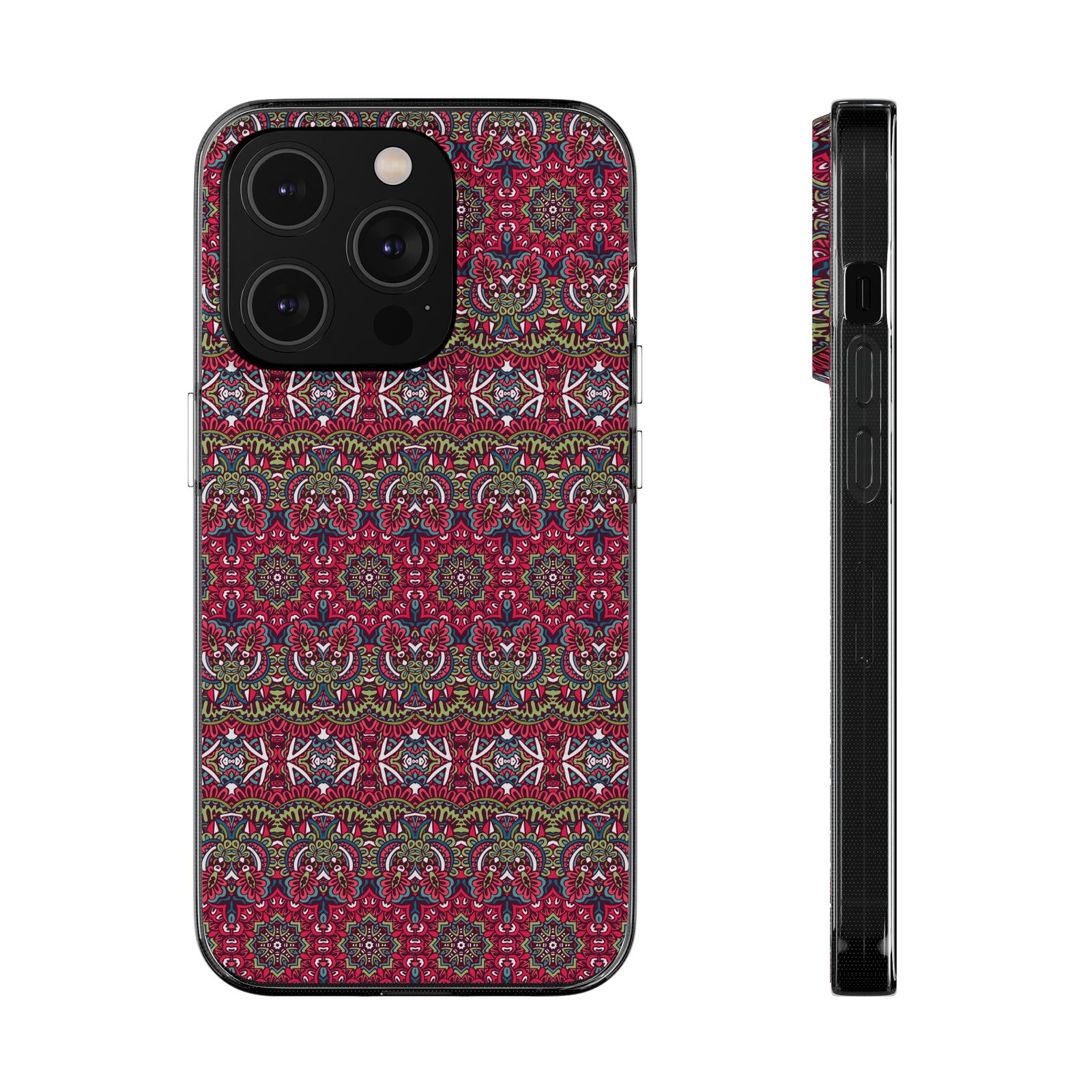 Red mandala patterned phone case showcasing vibrant design, ideal for outdoor adventures and customization.