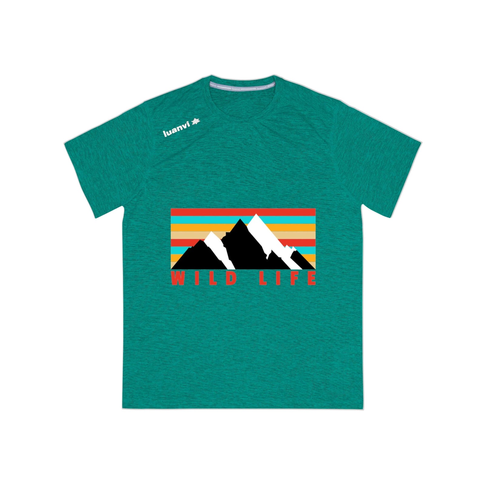 Men's Wild Life sports t-shirt in teal, featuring a mountain graphic, ideal for outdoor adventures.