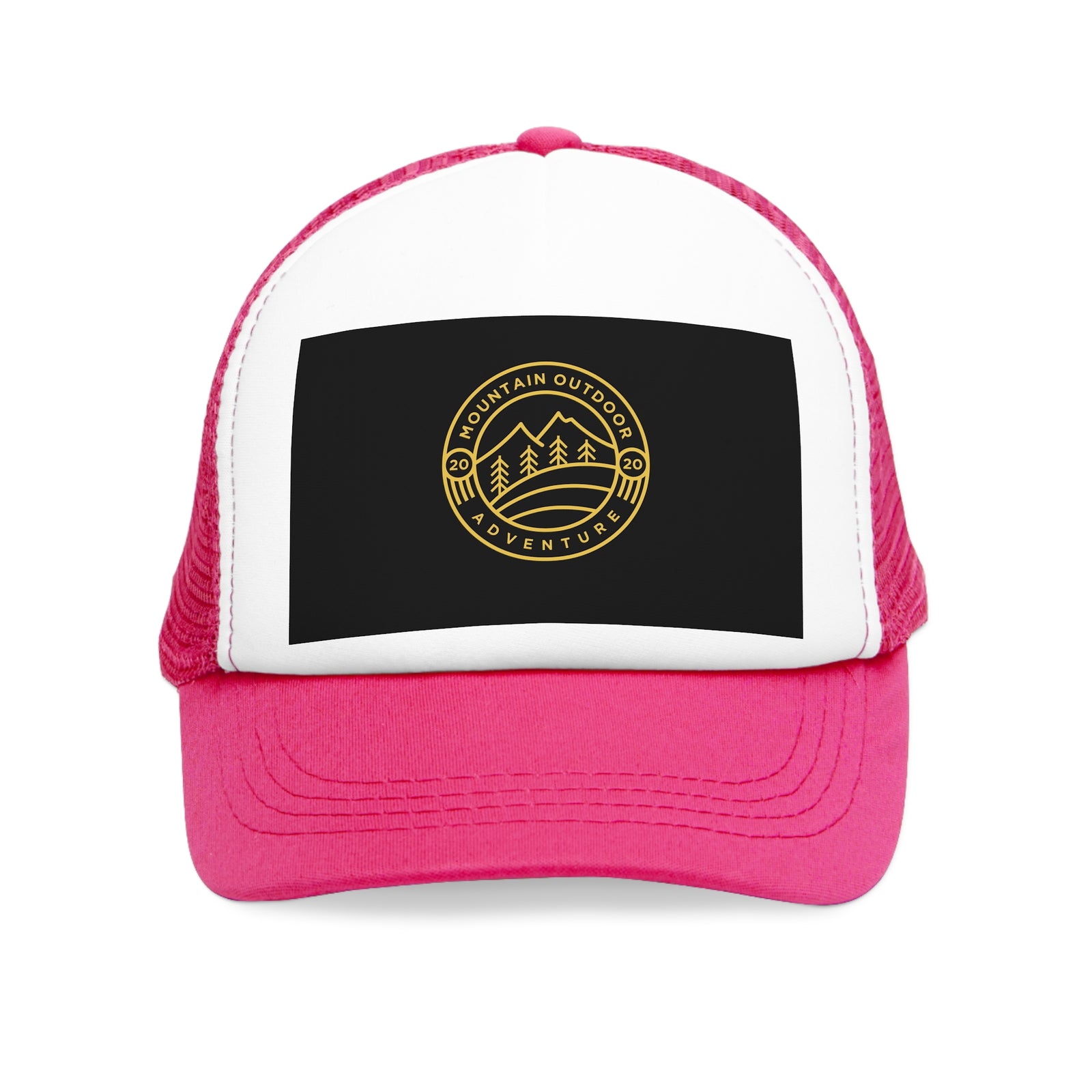 Pink mesh cap with mountain outdoor adventure design, ideal for camping and outdoor adventures.