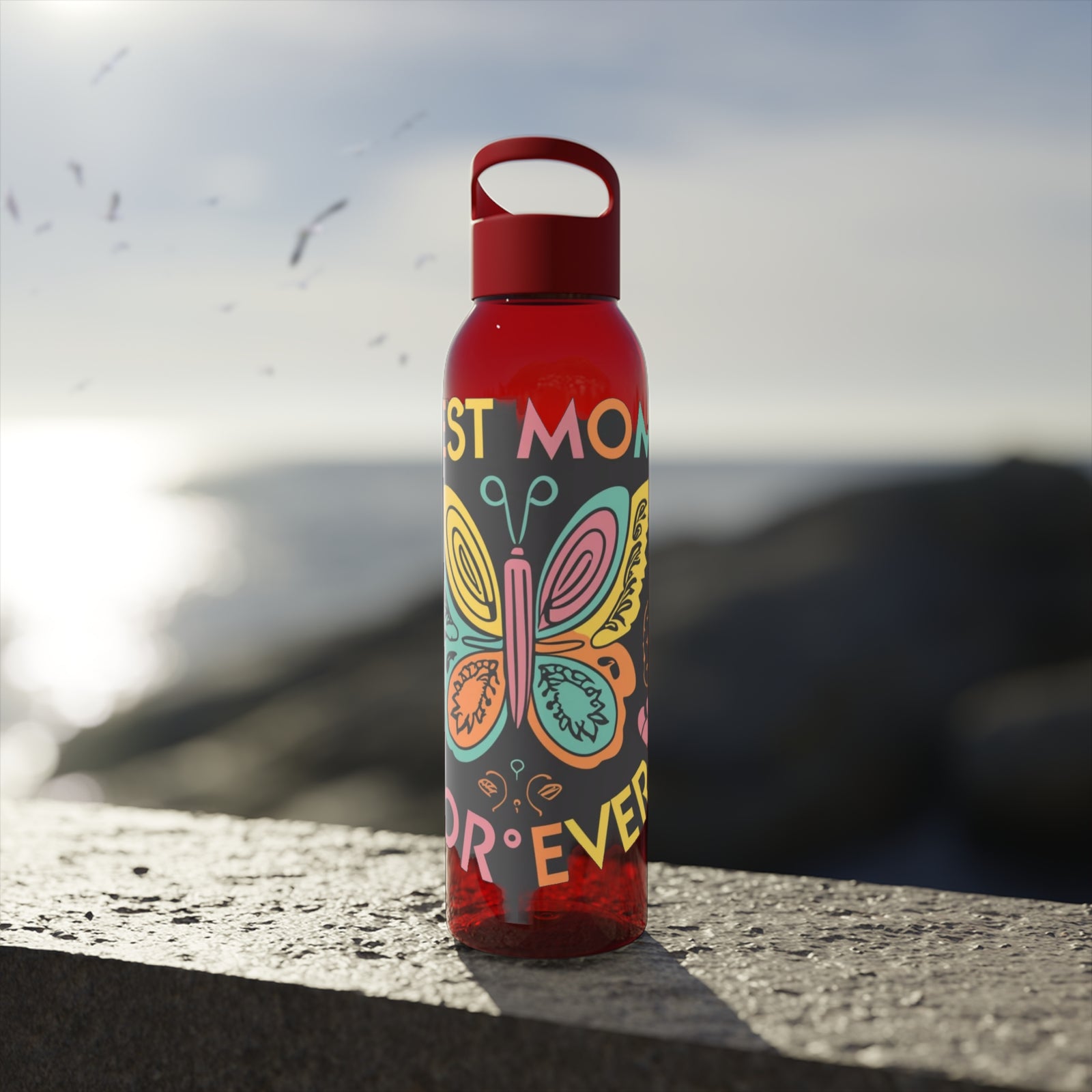 Customizable red water bottle with butterfly design, perfect for outdoor adventures and camping. Durable, 21.9oz capacity.