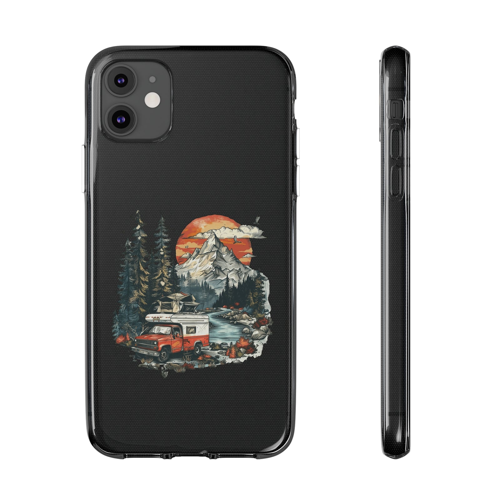 Camping van phone case featuring mountains and forests, perfect for outdoor adventure lovers. Custom TPU design.