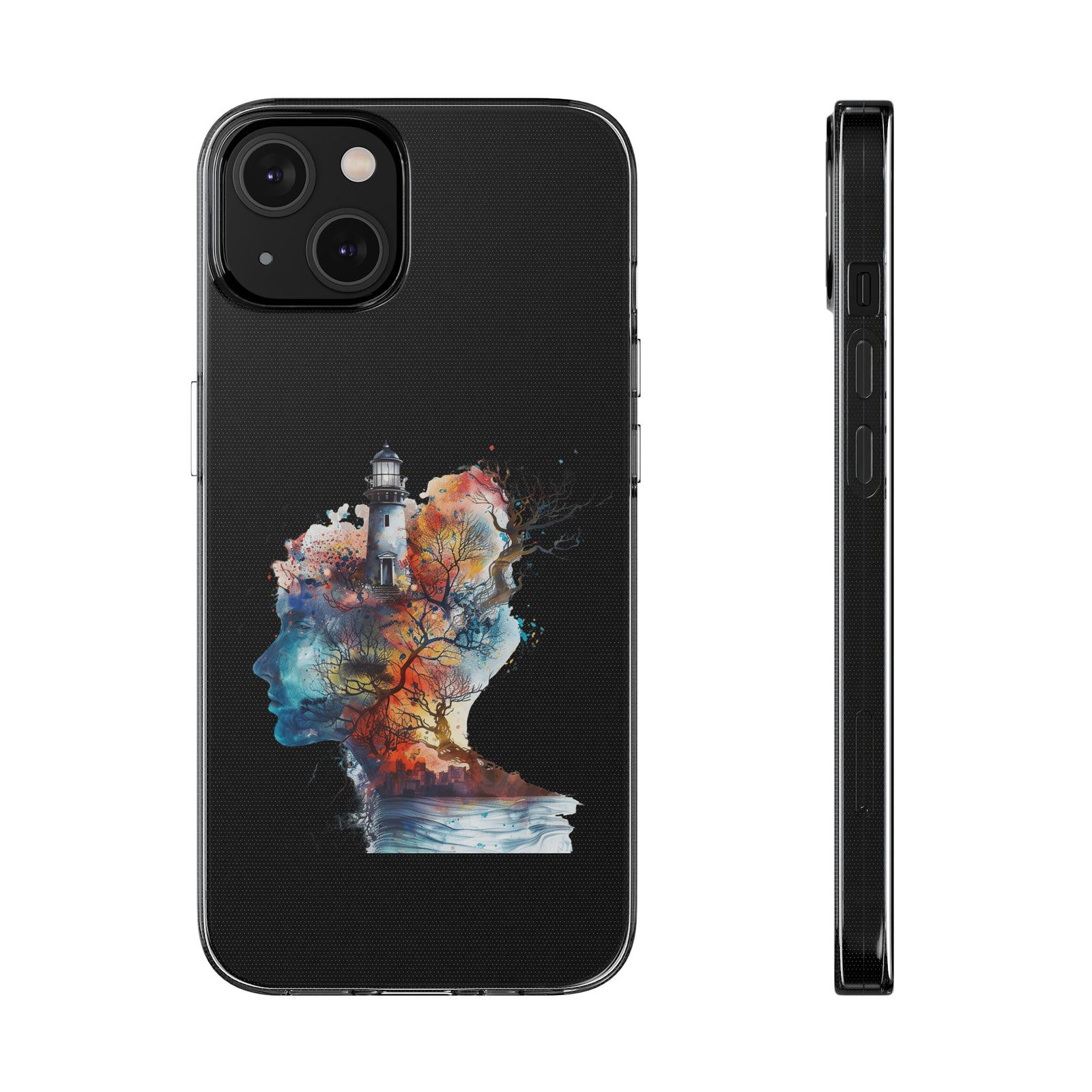 Artistic phone case featuring a vibrant double exposure design of a lighthouse and nature, ideal for outdoor enthusiasts.