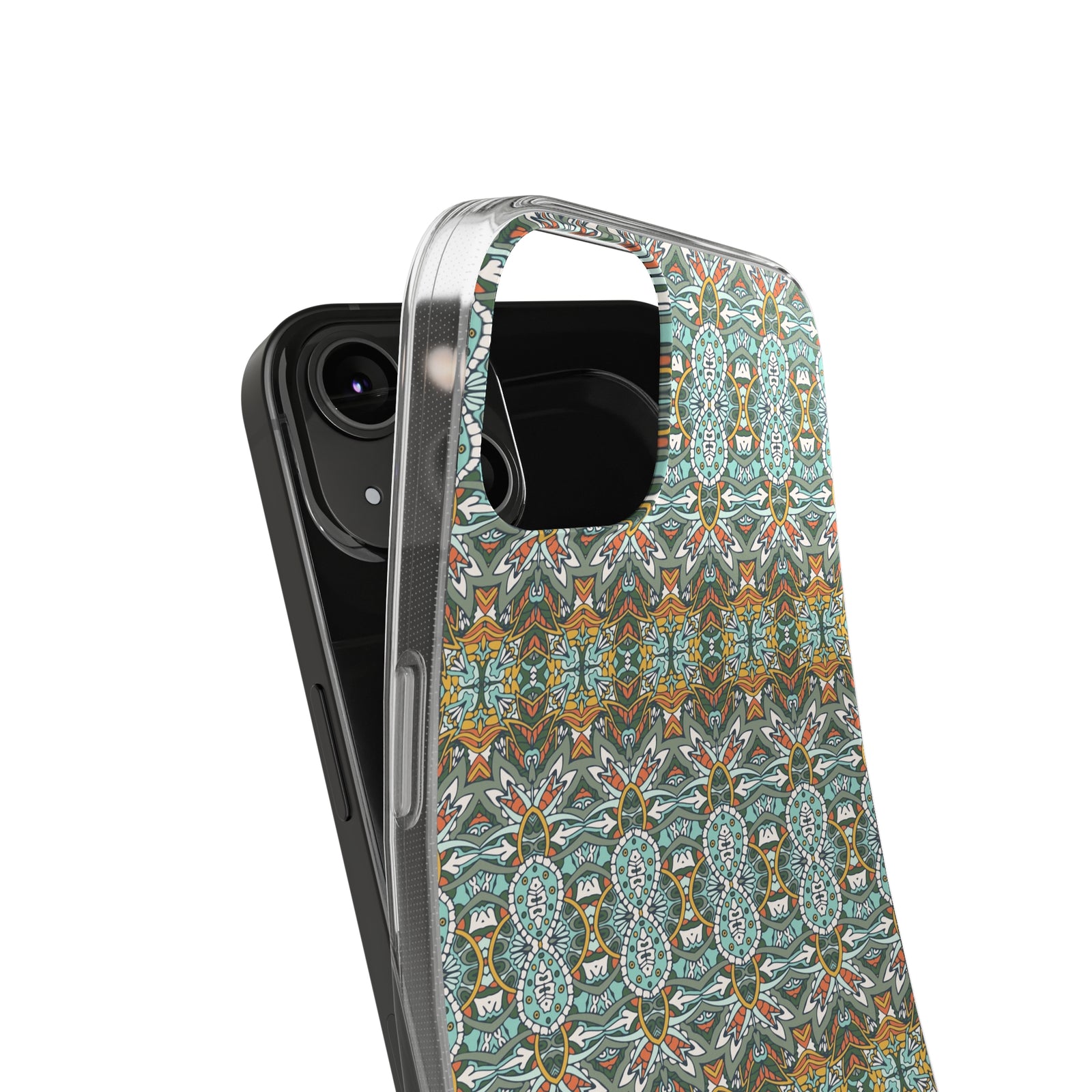 Close-up of a Mandala phone case made of clear TPU, showcasing colorful design for outdoor adventures and camping.