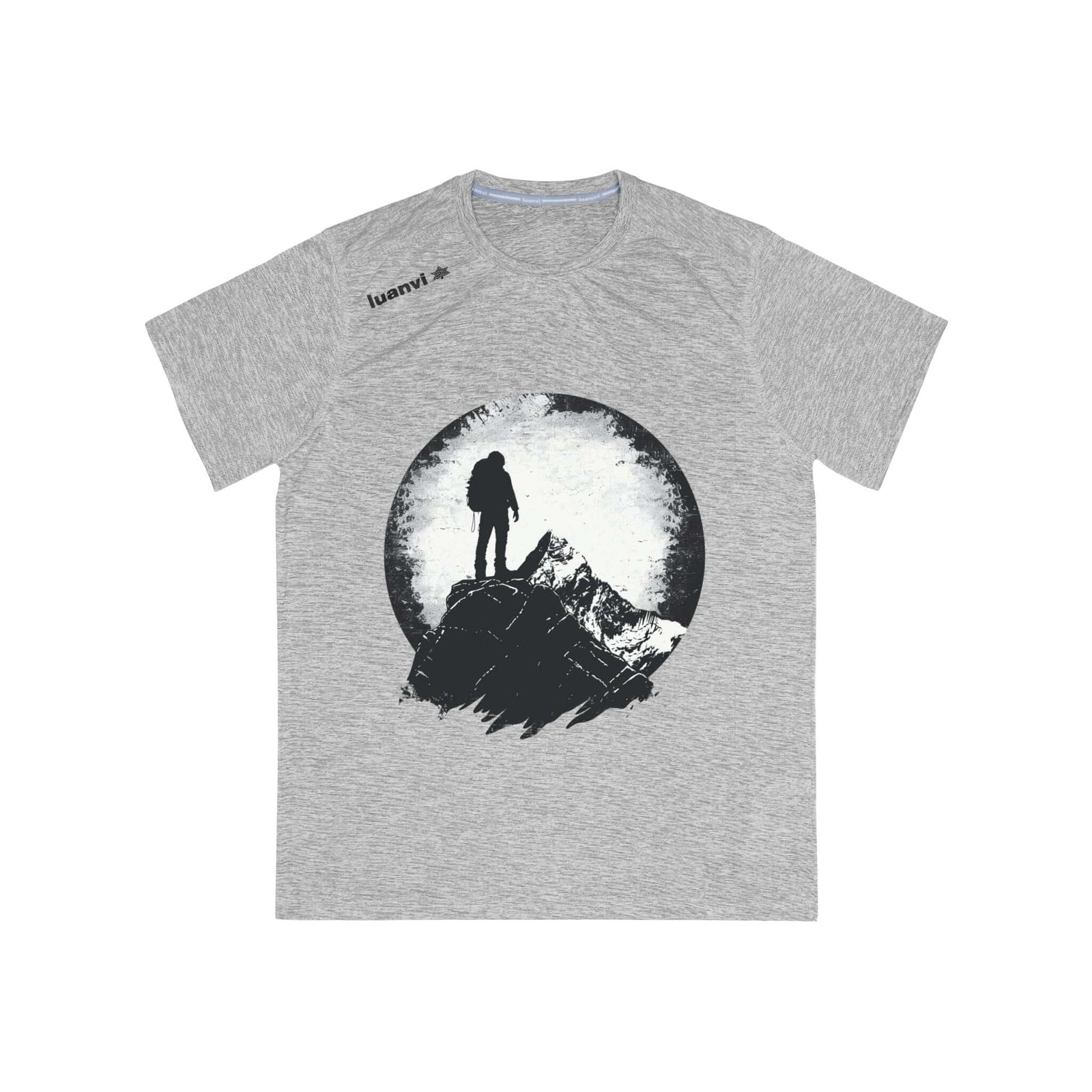 Men's grey sports t-shirt featuring a hiker on a mountain; perfect for outdoor adventures and camping.