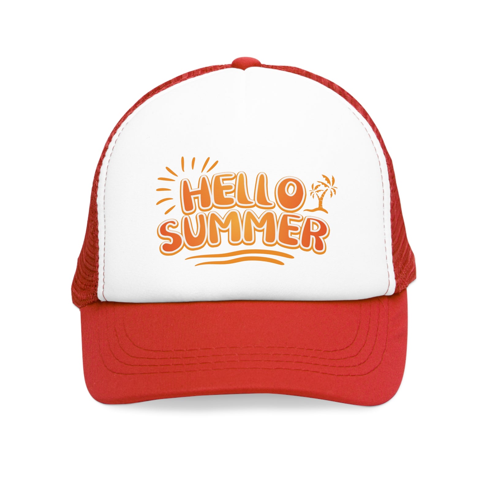 Red mesh cap with 'Hello Summer' graphic, perfect for outdoor adventures and camping. Ideal for stylish summer outings.