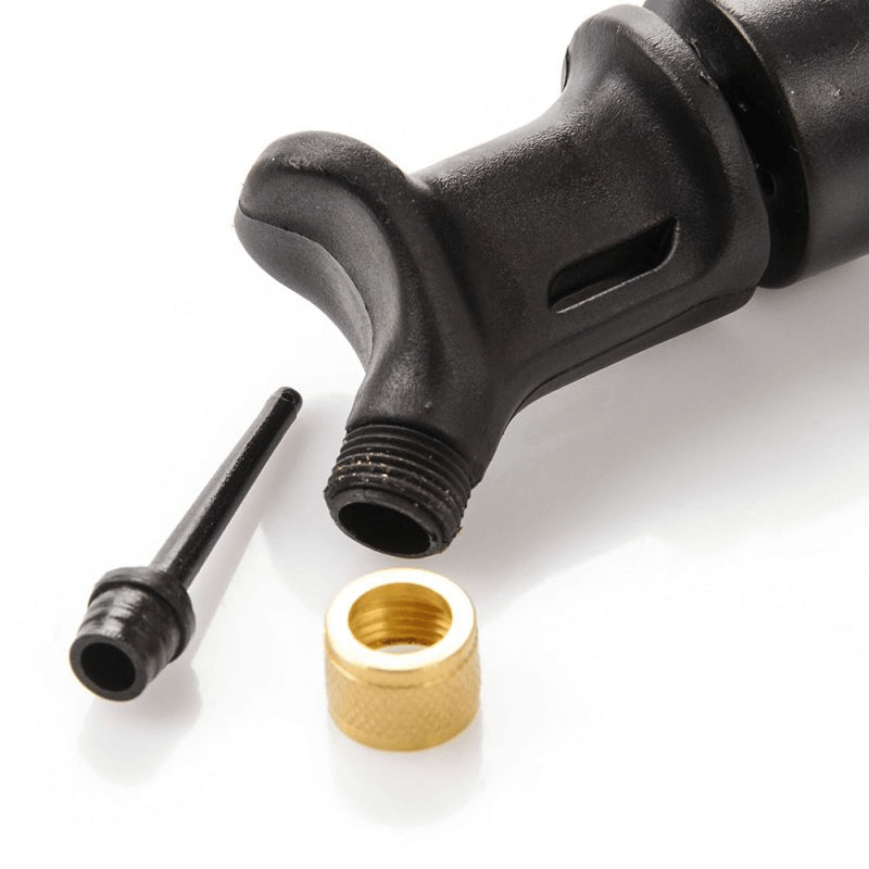 Meteor Double Action ball pump nozzle and connector, ideal for outdoor sports and travel adventures.