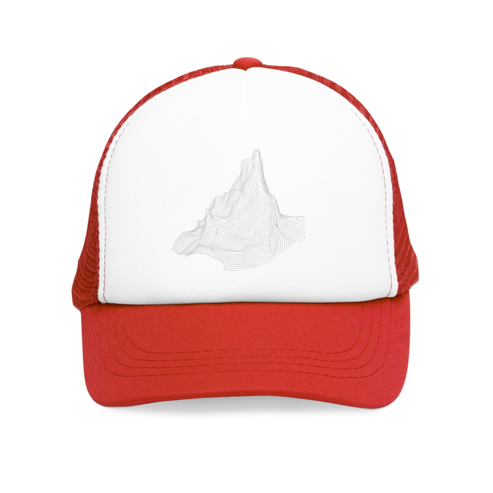 Mesh cap in red and white with mountain design, ideal for outdoor adventures and camping. Available at revlando.com.
