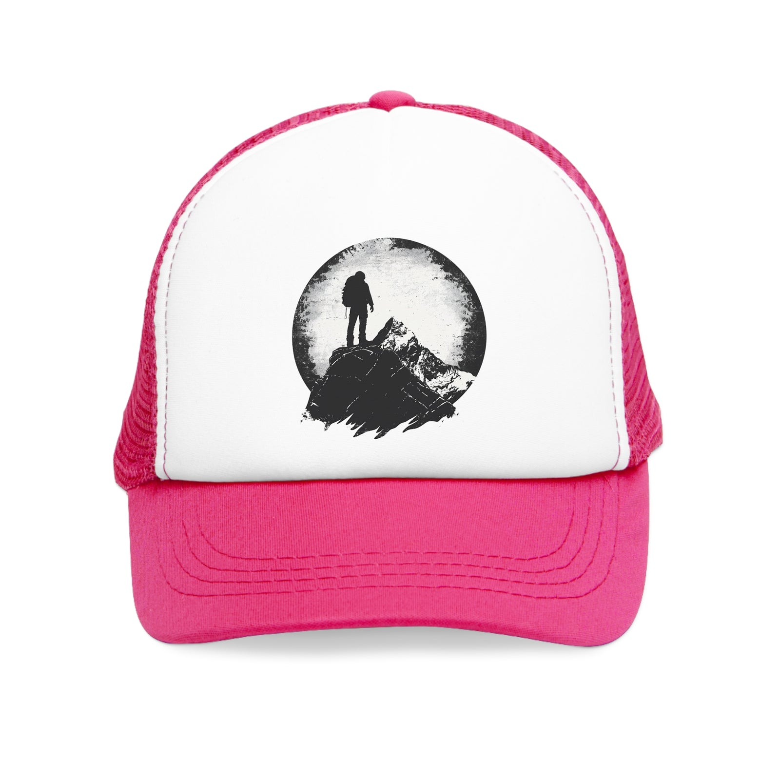 Mesh cap in pink with mountain silhouette design, ideal for outdoor adventures and camping. Available at revlando.com.