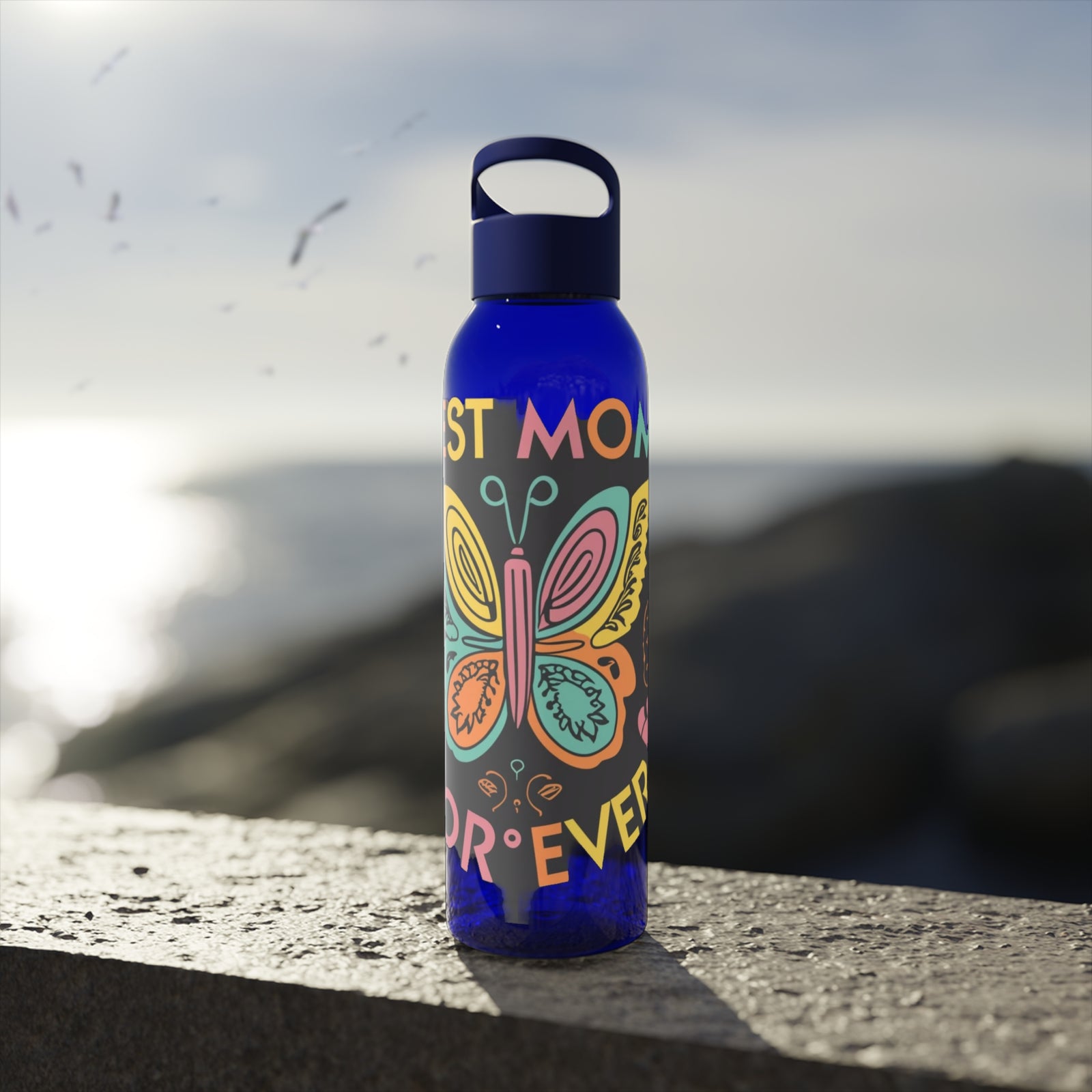 Sky Water Bottle featuring colorful butterfly design, perfect for outdoor adventures and hydration.